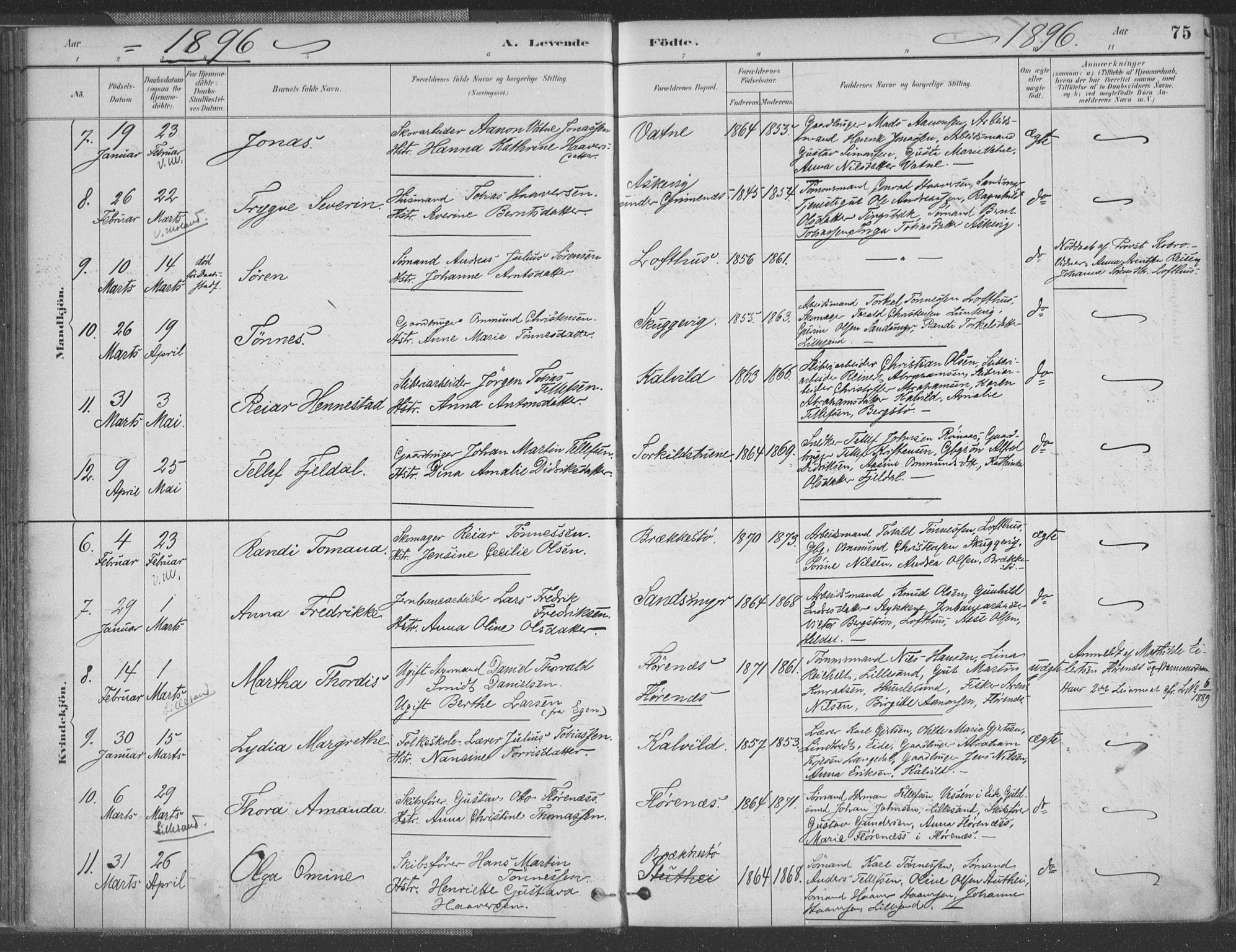 Vestre Moland sokneprestkontor, AV/SAK-1111-0046/F/Fa/Fab/L0009: Parish register (official) no. A 9, 1884-1899, p. 75