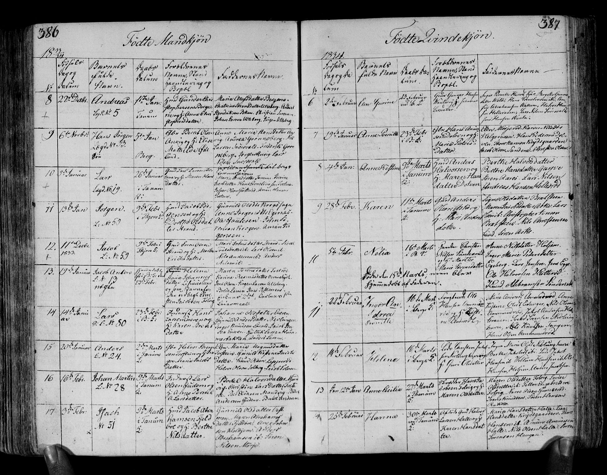 Brunlanes kirkebøker, AV/SAKO-A-342/F/Fa/L0002: Parish register (official) no. I 2, 1802-1834, p. 386-387