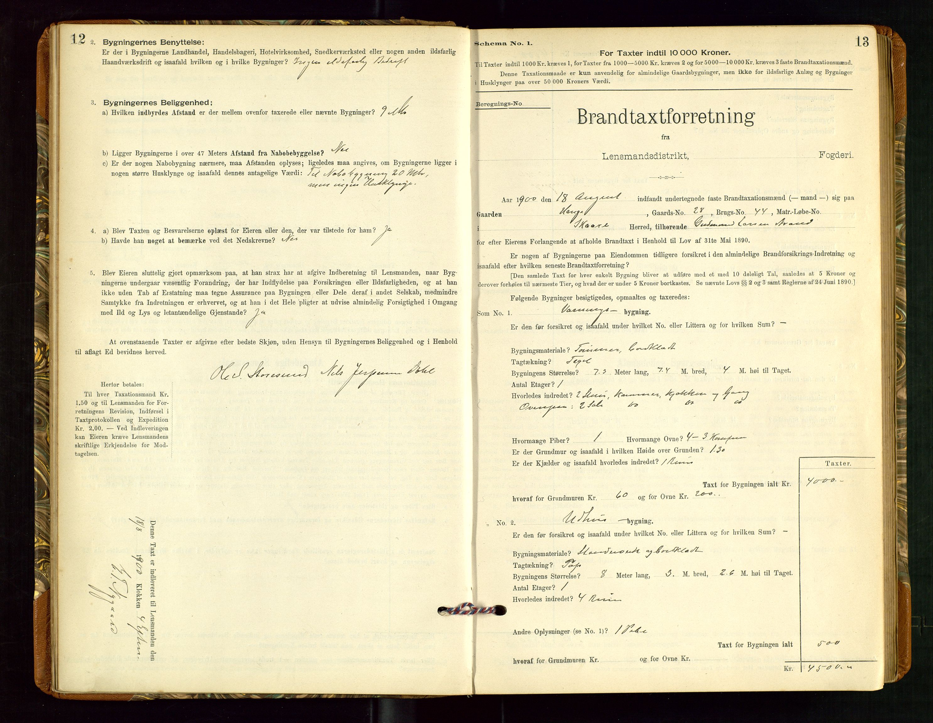 Torvestad lensmannskontor, AV/SAST-A-100307/1/Gob/L0002: "Brandtakstprotokol for Lensmanden i Torvestad", 1900-1905, p. 12-13