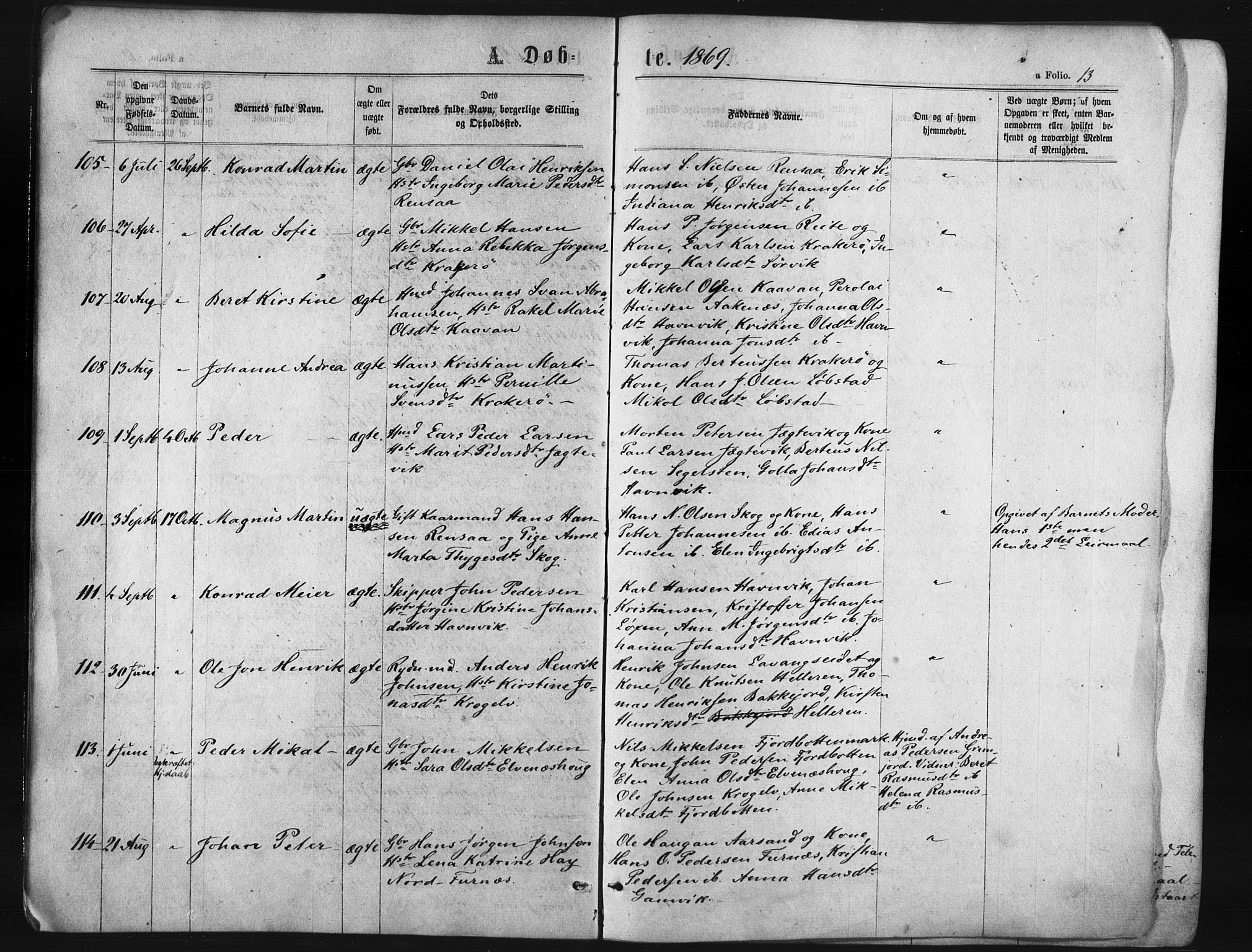 Ibestad sokneprestembete, SATØ/S-0077/H/Ha/Haa/L0010kirke: Parish register (official) no. 10, 1869-1879, p. 13