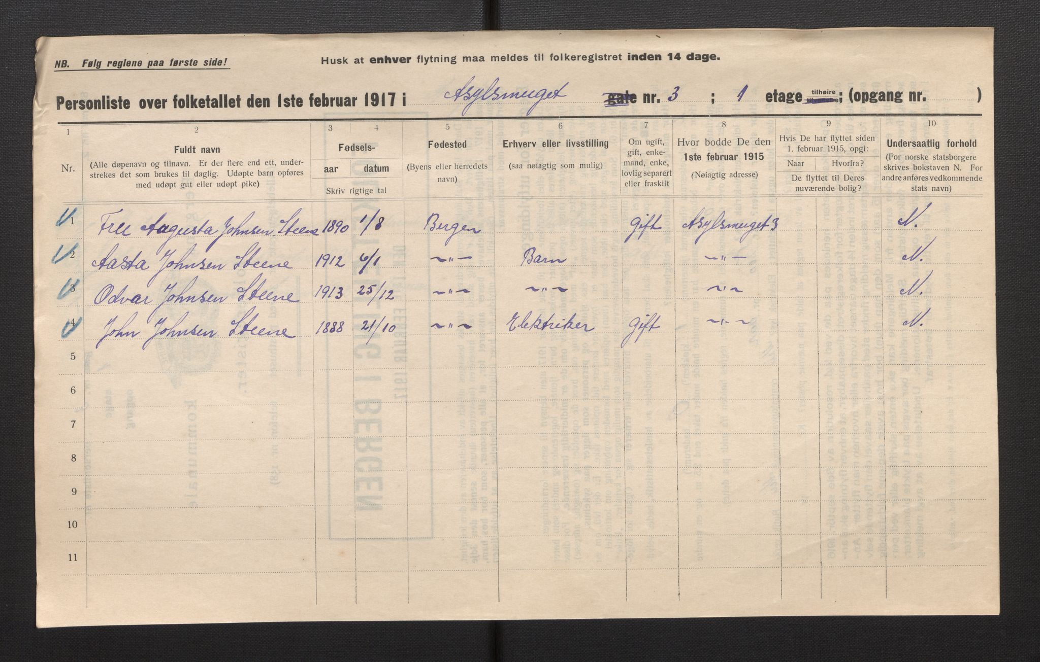 SAB, Municipal Census 1917 for Bergen, 1917, p. 1423