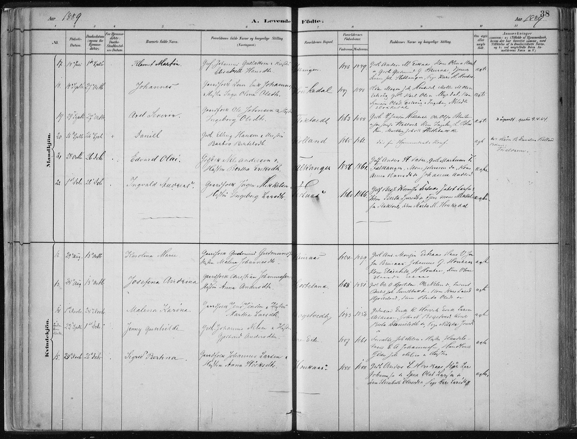 Hamre sokneprestembete, AV/SAB-A-75501/H/Ha/Haa/Haad/L0001: Parish register (official) no. D  1, 1882-1906, p. 38