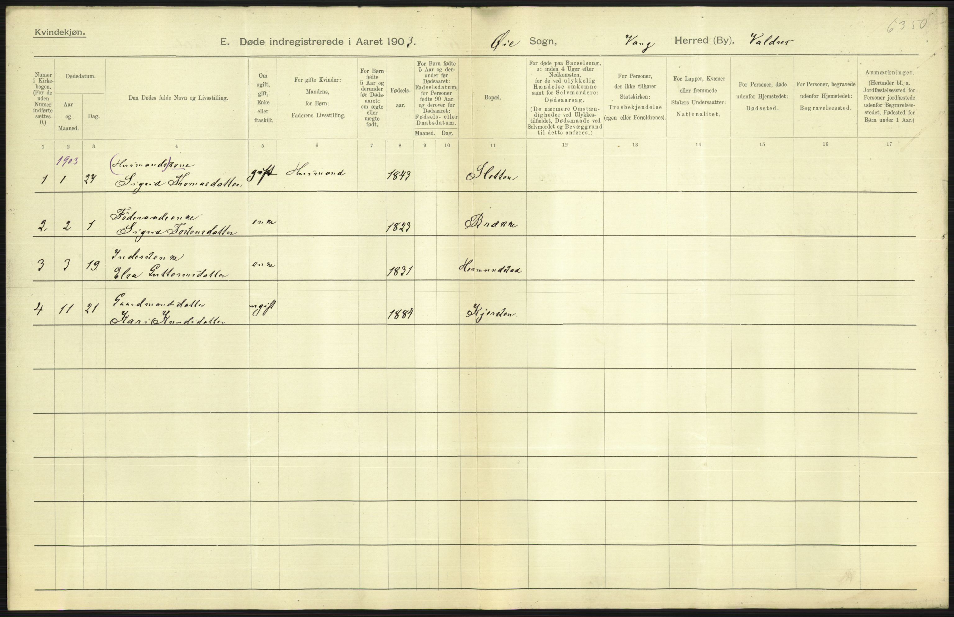 Statistisk sentralbyrå, Sosiodemografiske emner, Befolkning, AV/RA-S-2228/D/Df/Dfa/Dfaa/L0006: Kristians amt: Fødte, gifte, døde, 1903, p. 607