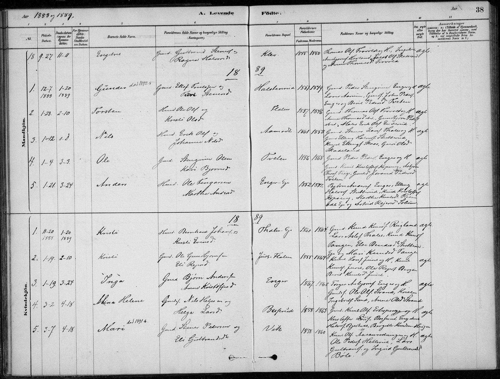 Sigdal kirkebøker, SAKO/A-245/F/Fc/L0001: Parish register (official) no. III 1, 1879-1893, p. 38