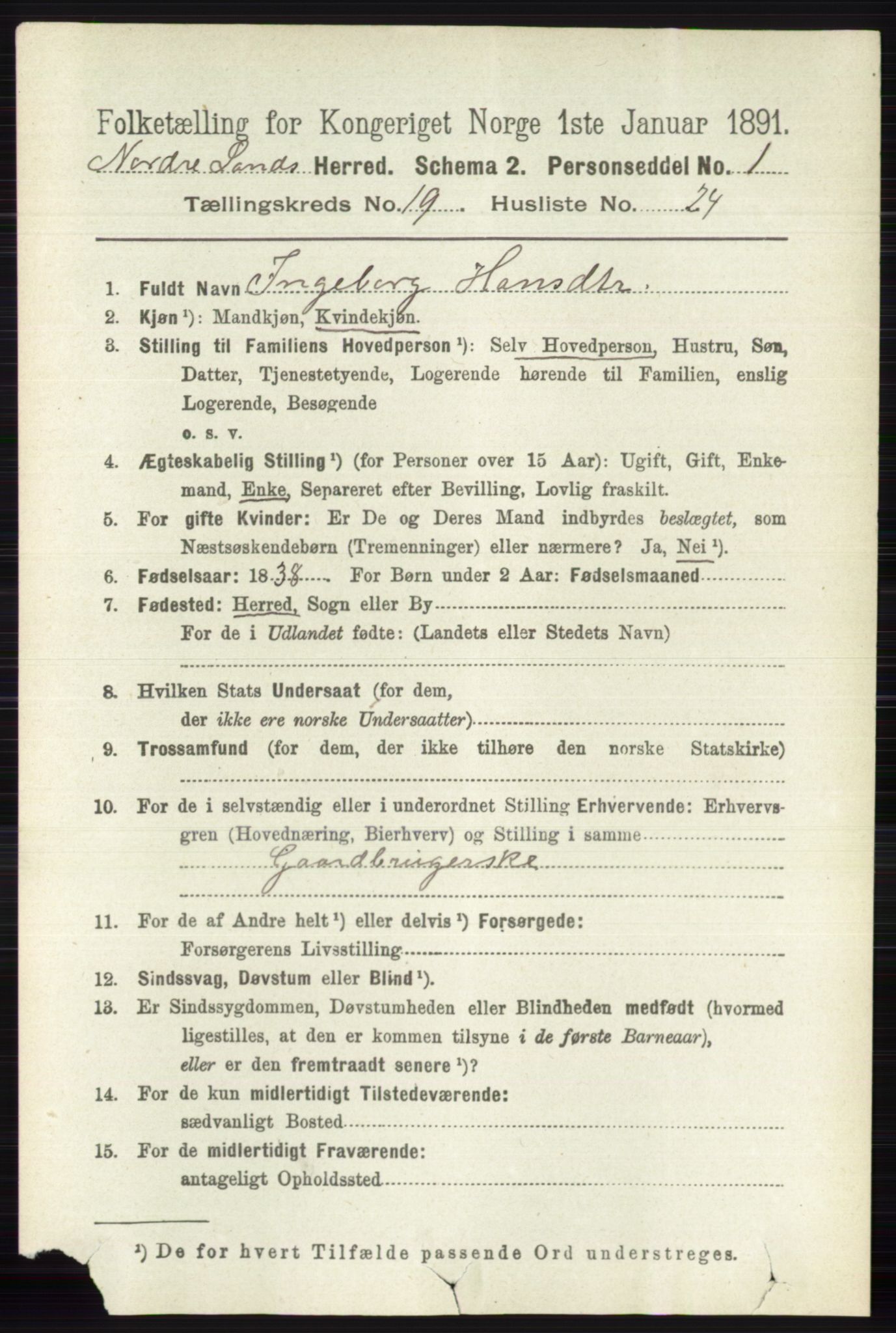 RA, 1891 census for 0538 Nordre Land, 1891, p. 4800