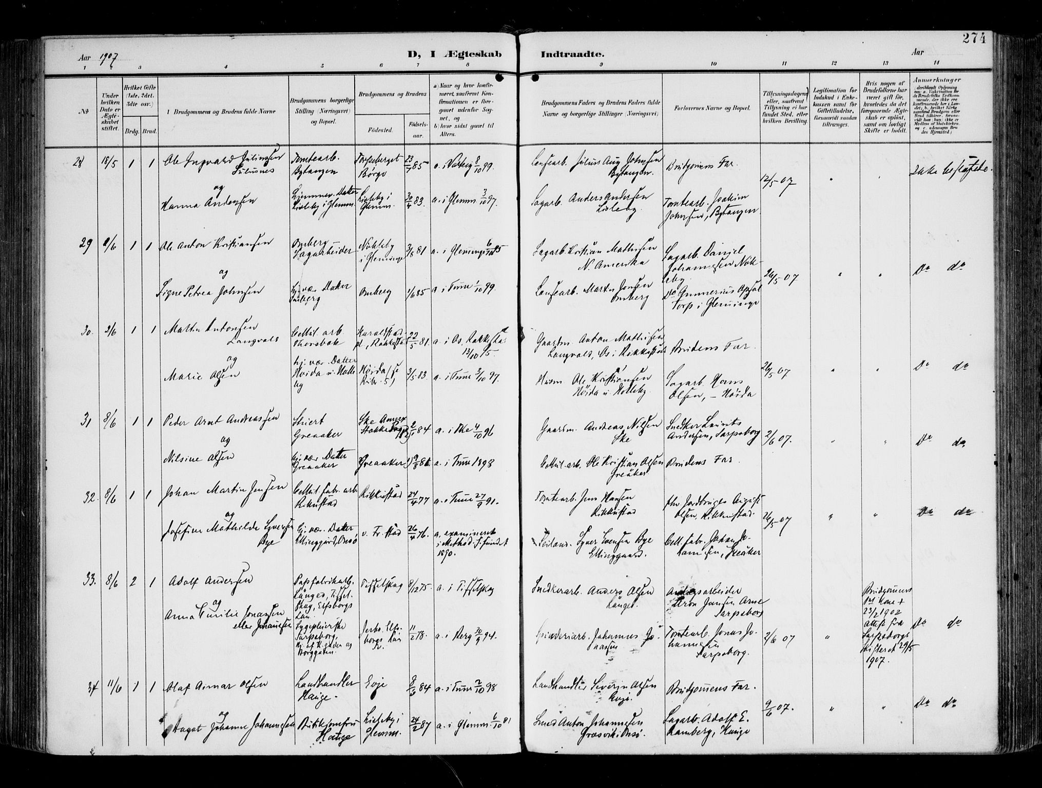 Tune prestekontor Kirkebøker, AV/SAO-A-2007/F/Fa/L0020: Parish register (official) no. 20, 1904-1909, p. 274