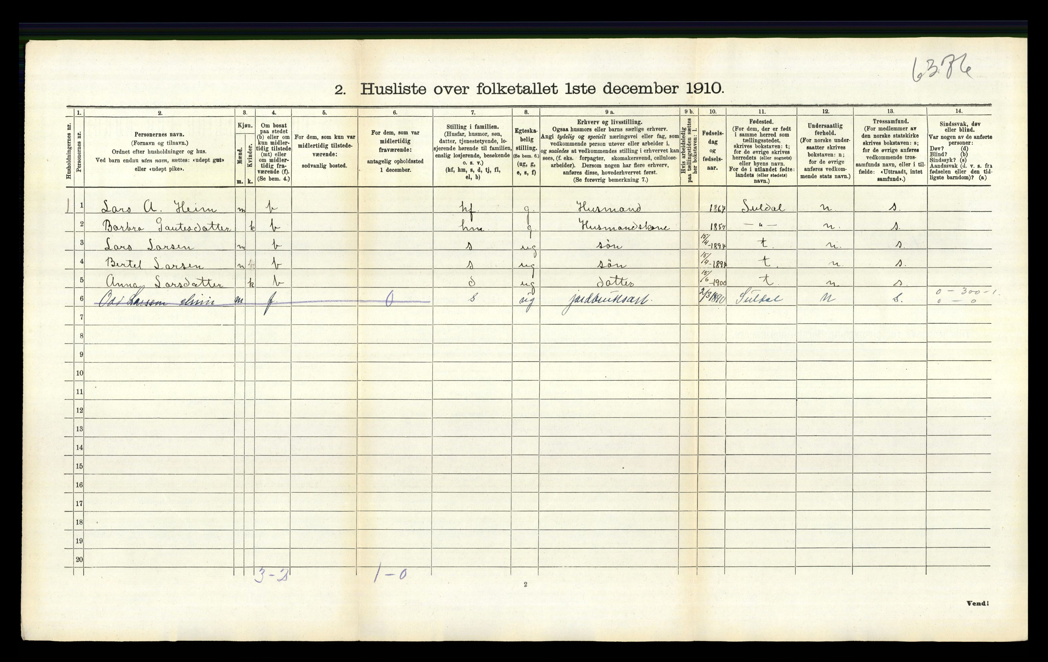 RA, 1910 census for Sand, 1910, p. 254