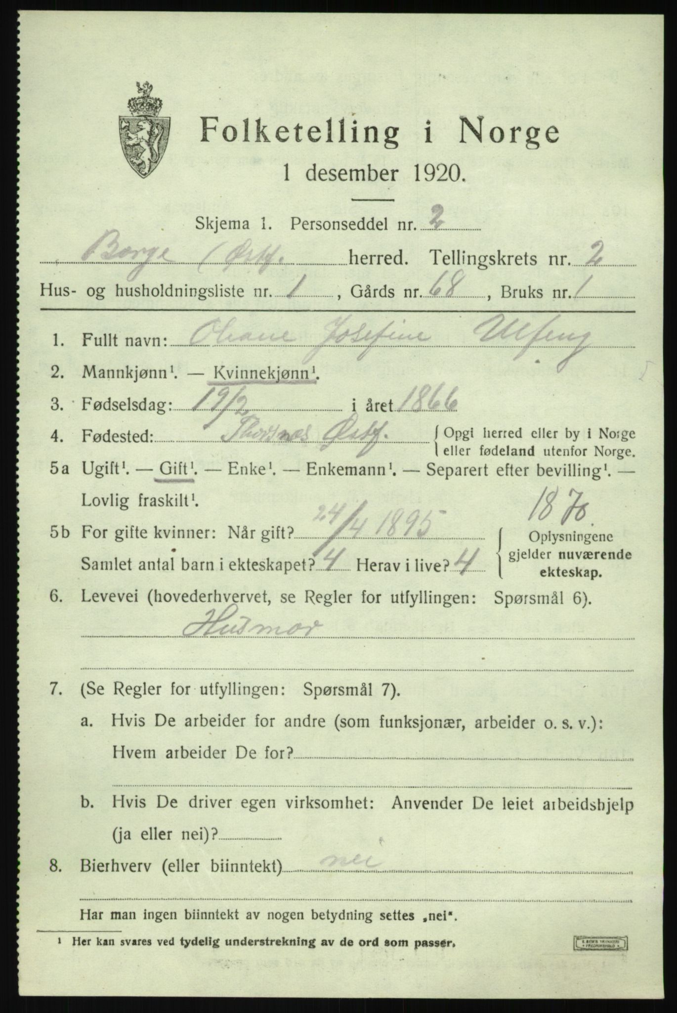 SAO, 1920 census for Borge, 1920, p. 3011