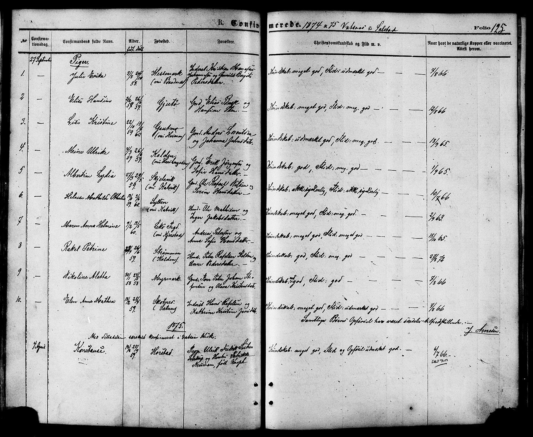 Ministerialprotokoller, klokkerbøker og fødselsregistre - Nordland, AV/SAT-A-1459/810/L0148: Parish register (official) no. 810A09 /1, 1874-1884, p. 125