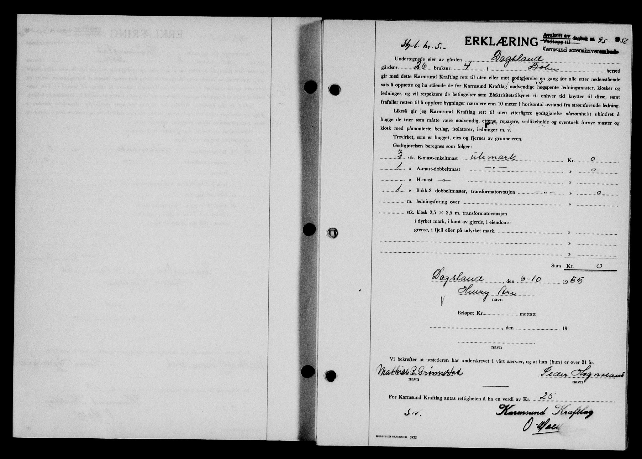 Karmsund sorenskriveri, SAST/A-100311/01/II/IIB/L0118: Mortgage book no. 98A, 1955-1956, Diary no: : 95/1956