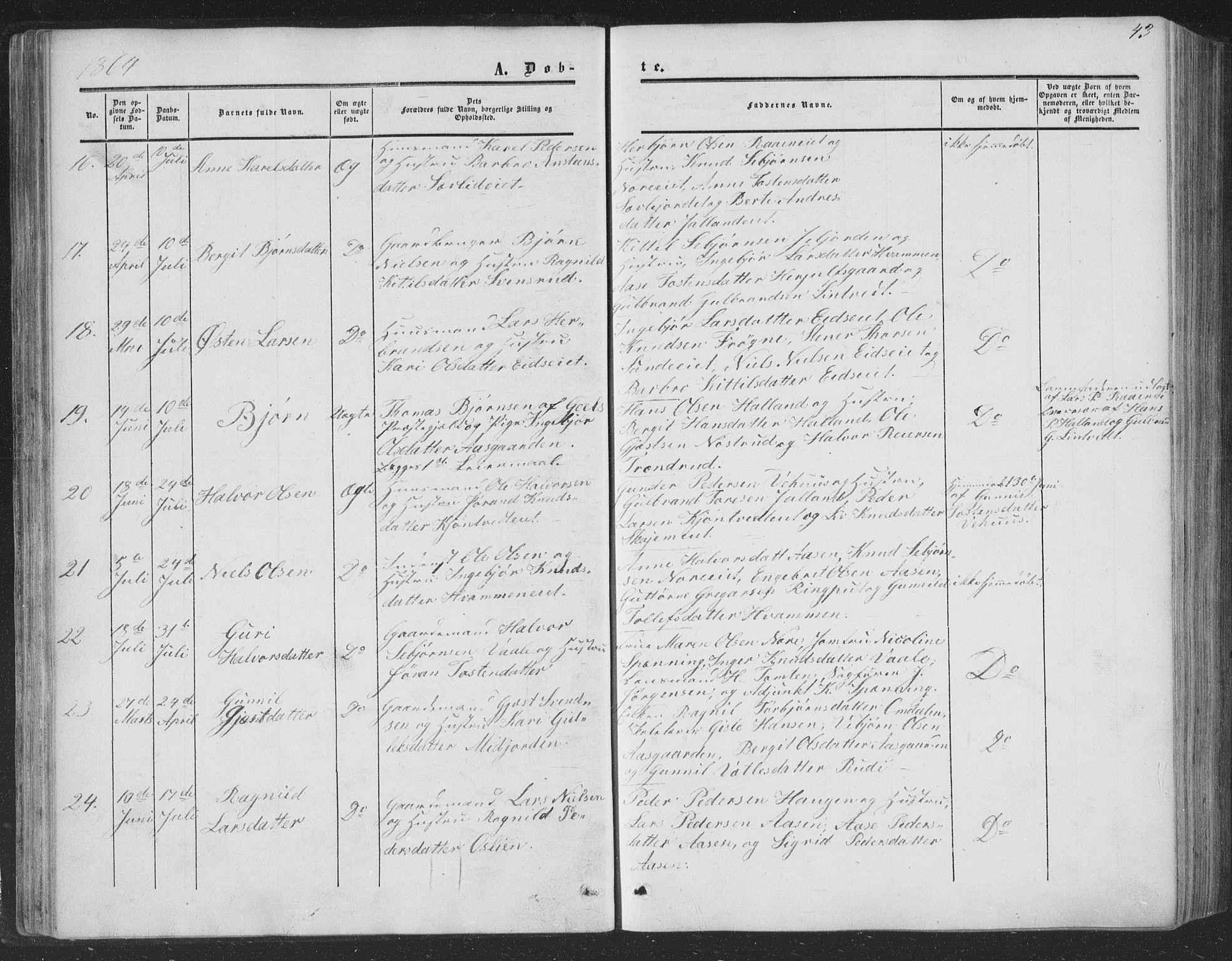 Nore kirkebøker, AV/SAKO-A-238/F/Fa/L0002: Parish register (official) no. I 2, 1856-1871, p. 43