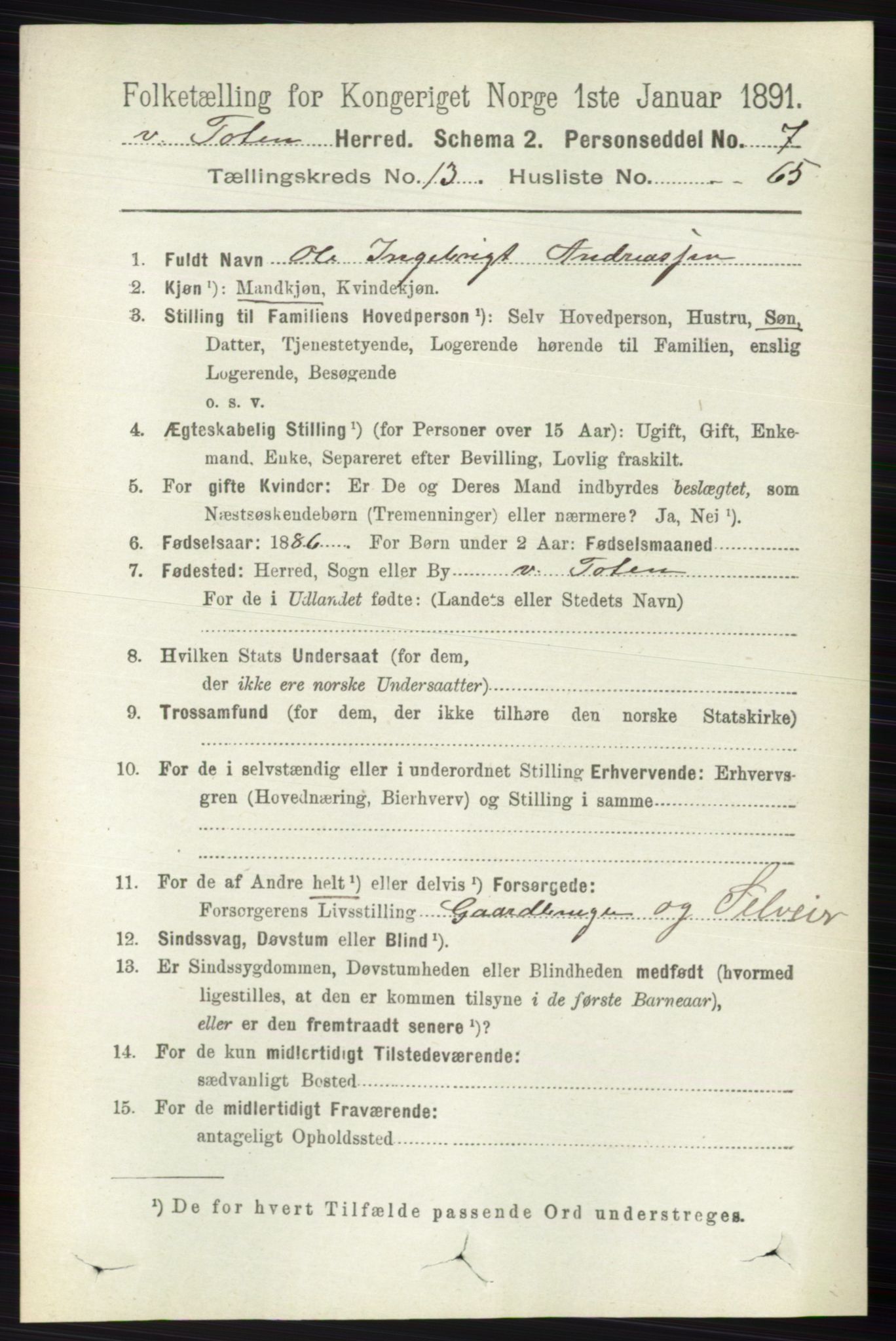 RA, 1891 census for 0529 Vestre Toten, 1891, p. 8154