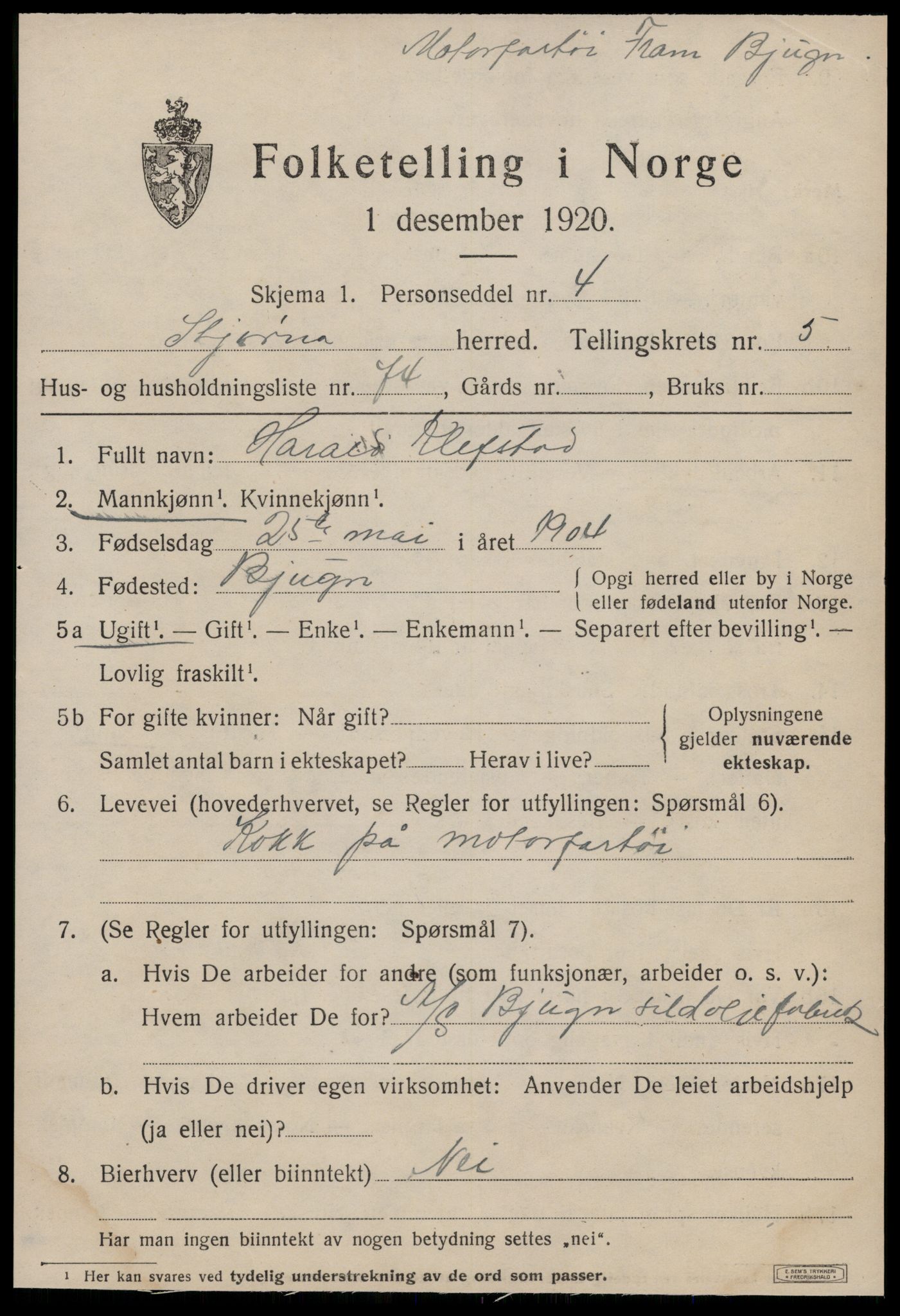 SAT, 1920 census for Stjørna, 1920, p. 4596