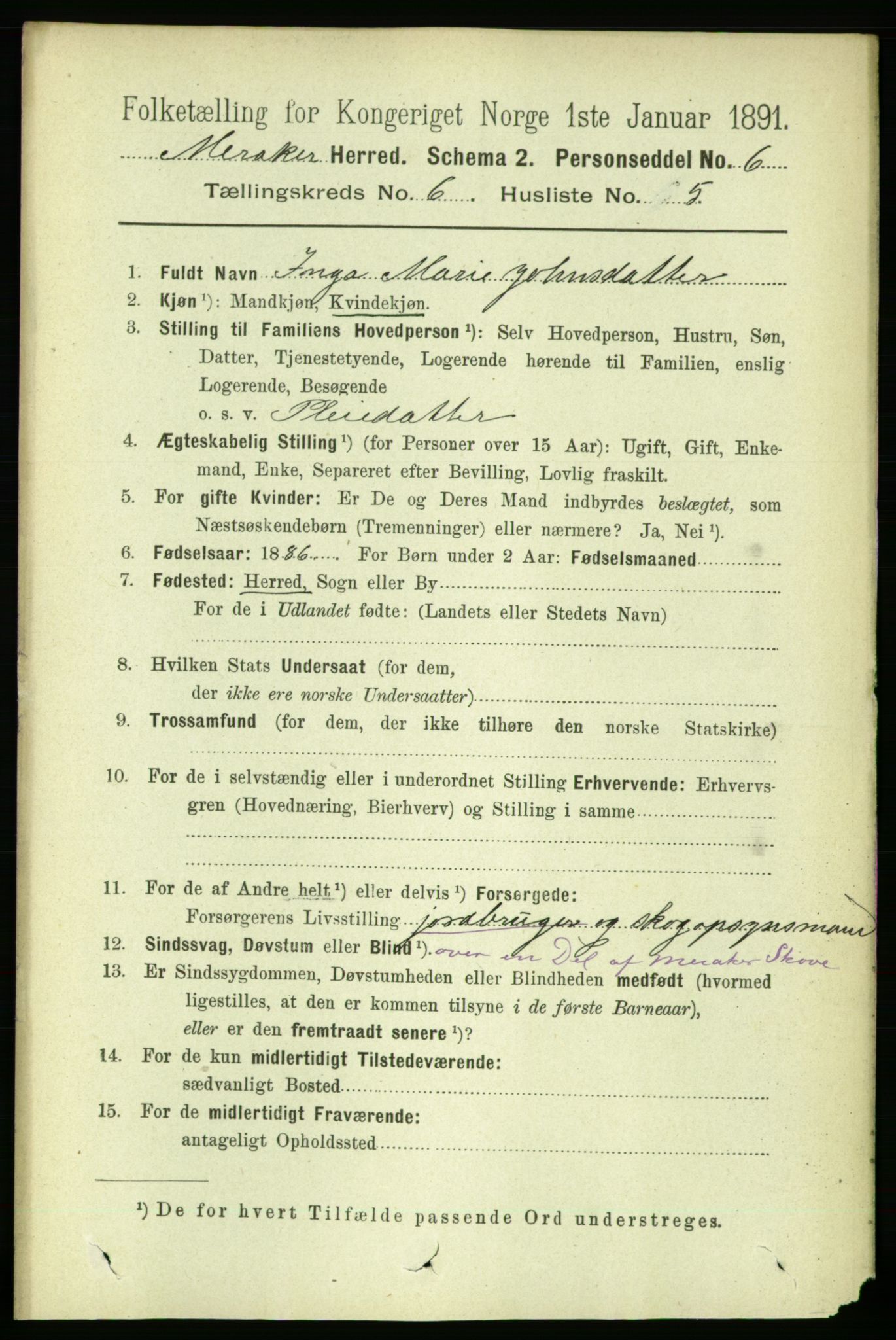 RA, 1891 census for 1711 Meråker, 1891, p. 2073