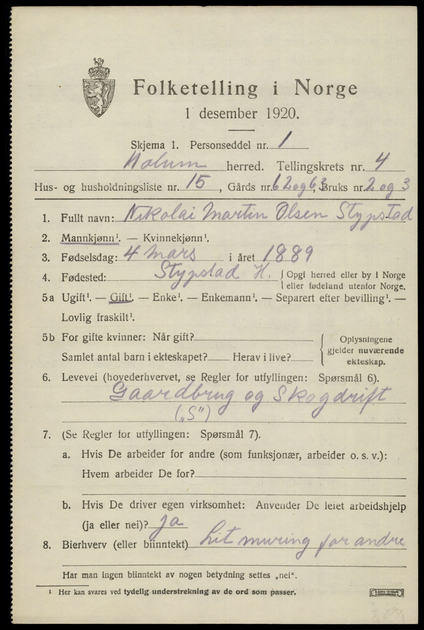 SAK, 1920 census for Holum, 1920, p. 2079