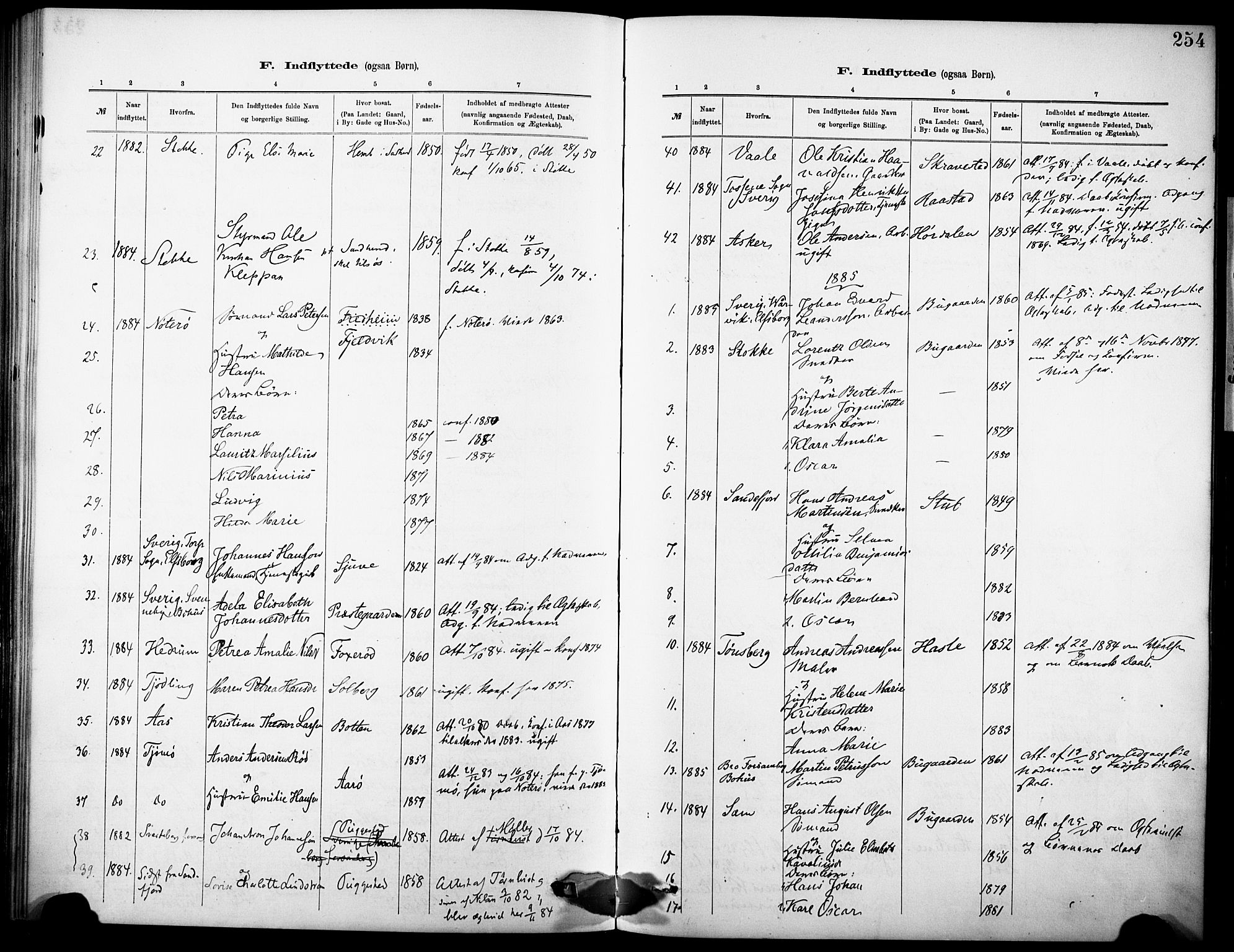 Sandar kirkebøker, SAKO/A-243/F/Fa/L0013: Parish register (official) no. 13, 1883-1895, p. 254