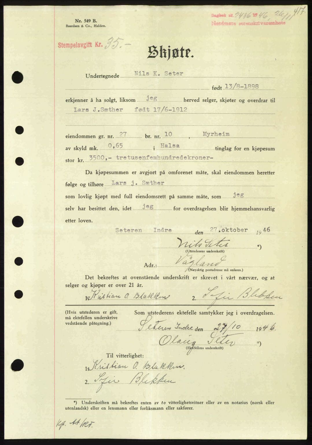 Nordmøre sorenskriveri, AV/SAT-A-4132/1/2/2Ca: Mortgage book no. A103, 1946-1947, Diary no: : 2486/1946