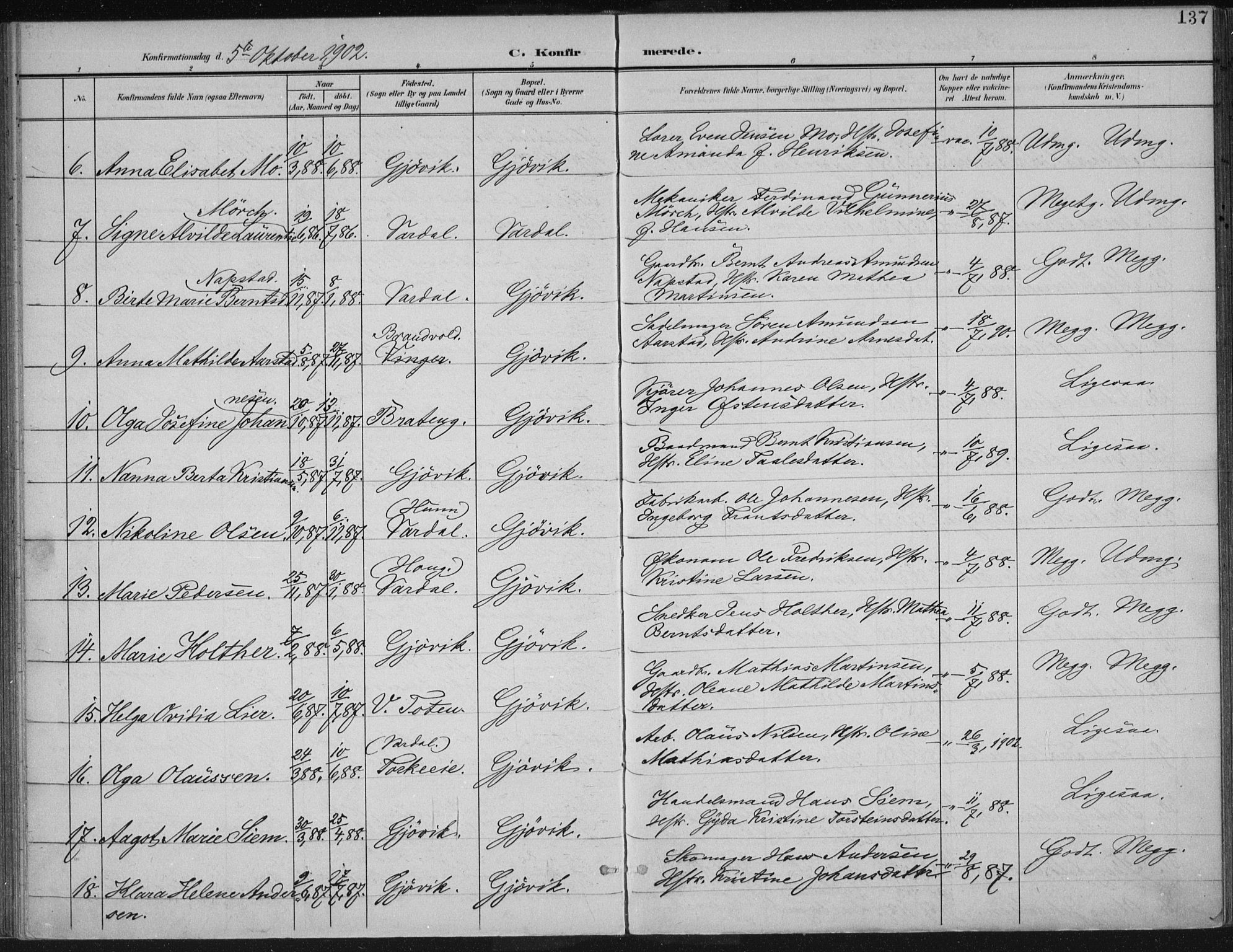 Vardal prestekontor, SAH/PREST-100/H/Ha/Haa/L0013: Parish register (official) no. 13, 1901-1911, p. 137