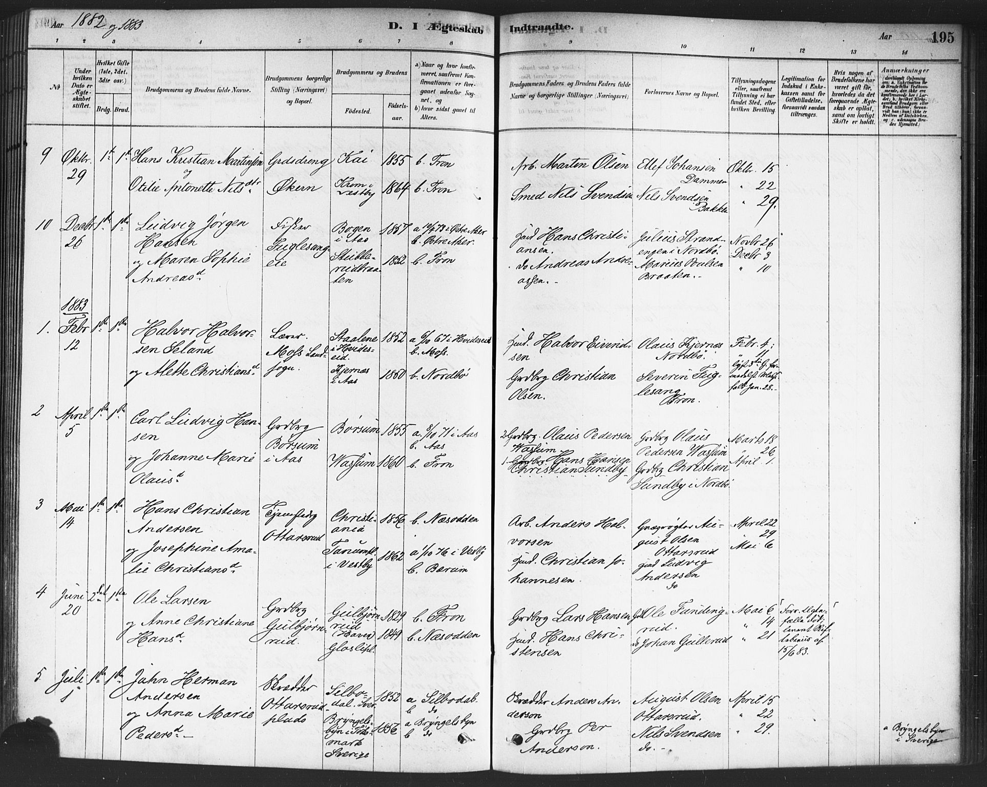 Drøbak prestekontor Kirkebøker, SAO/A-10142a/F/Fc/L0002: Parish register (official) no. III 2, 1878-1891, p. 195
