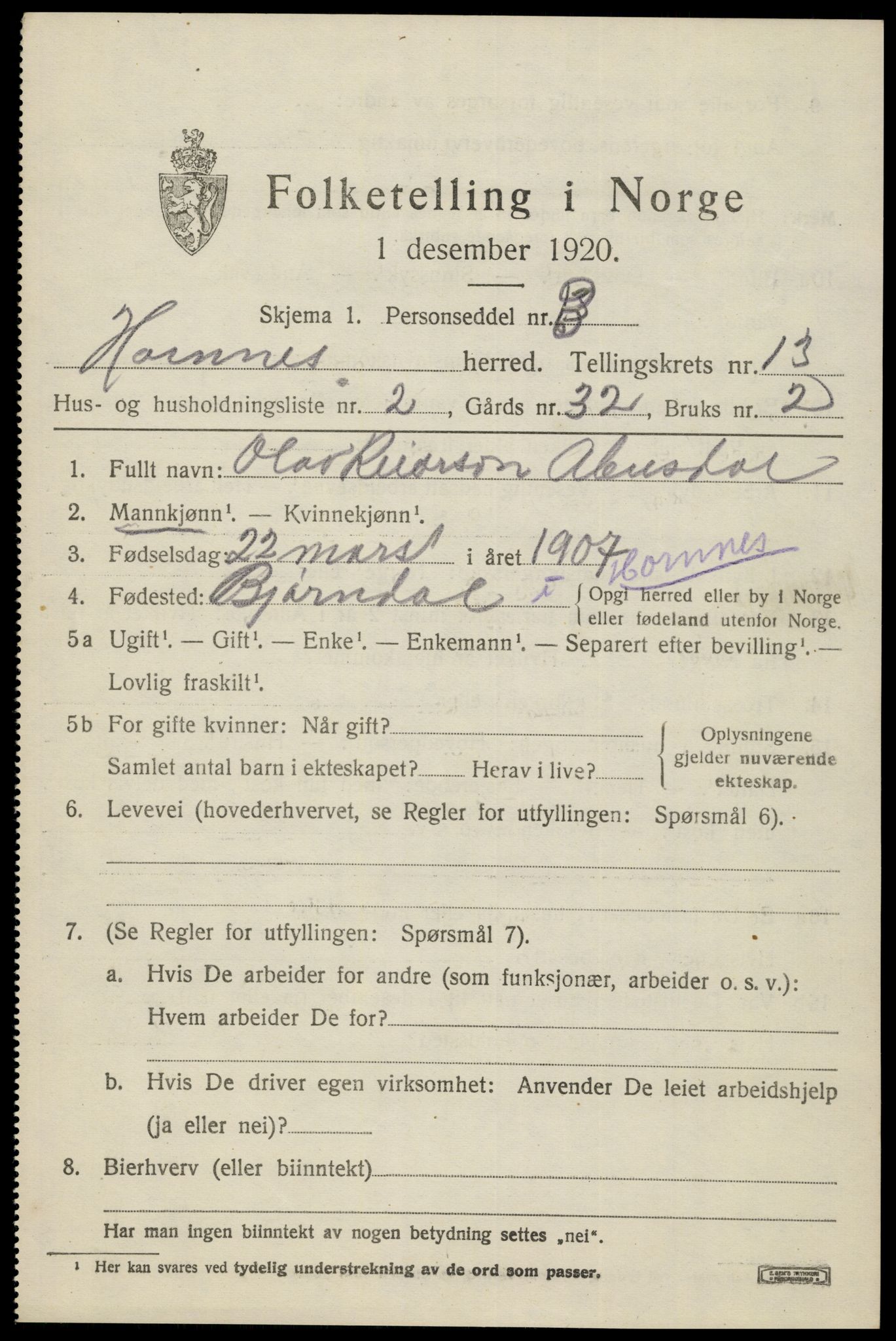 SAK, 1920 census for Hornnes, 1920, p. 3069