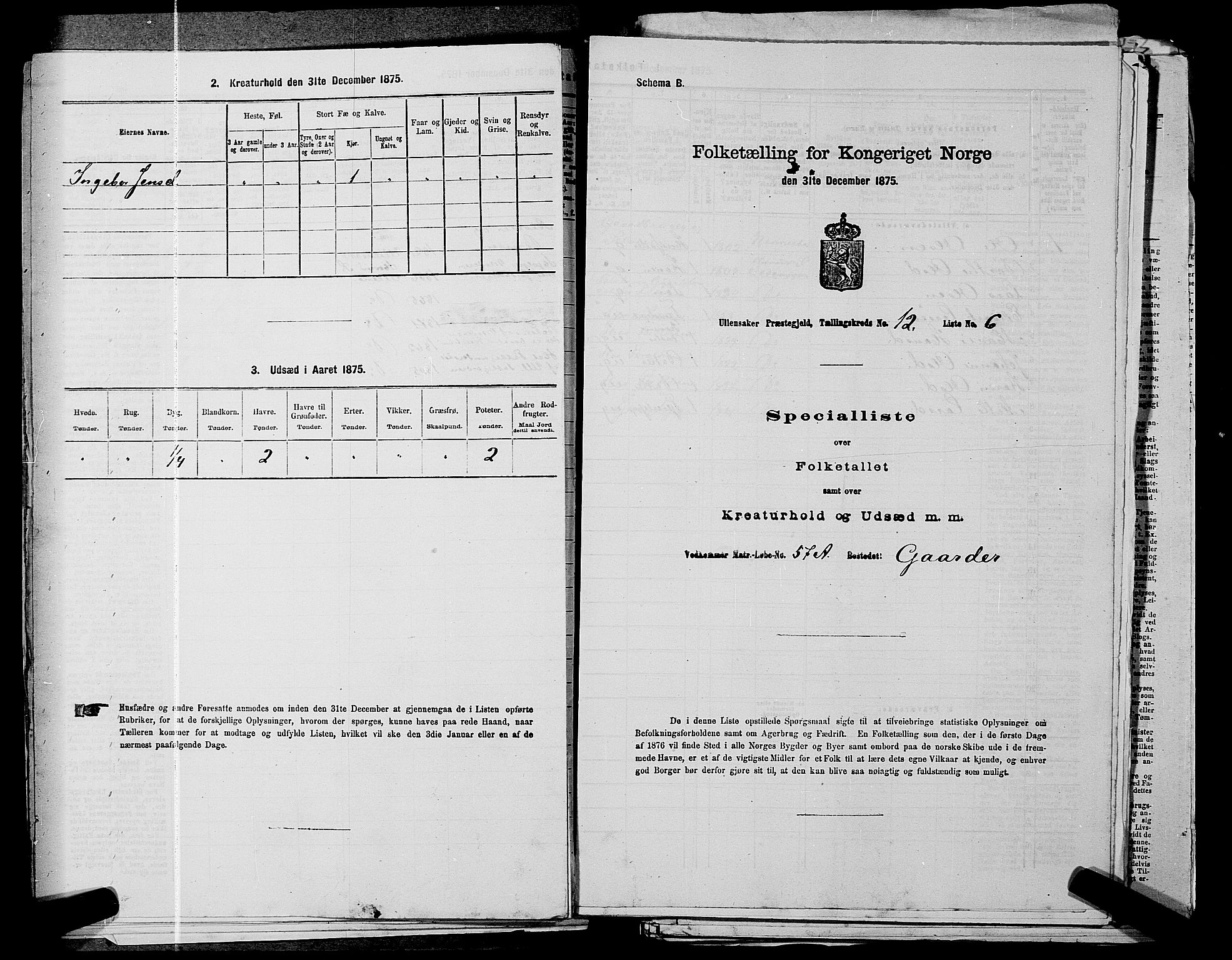 RA, 1875 census for 0235P Ullensaker, 1875, p. 1825