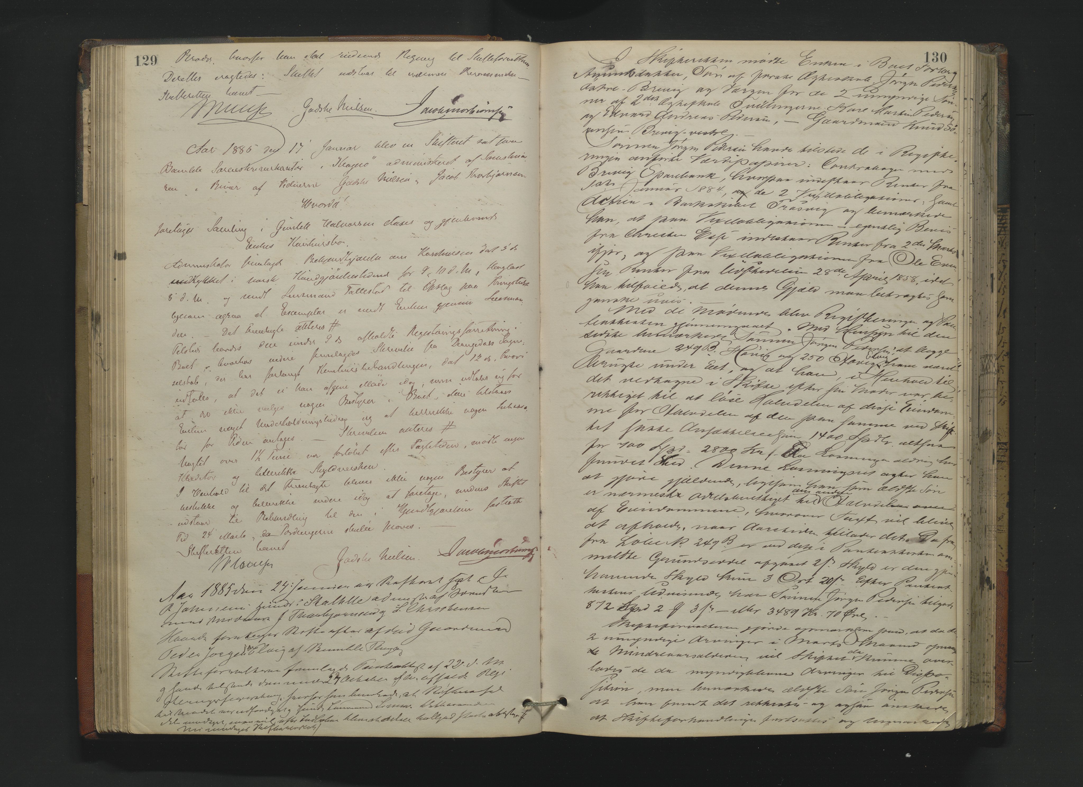 Bamble sorenskriveri, AV/SAKO-A-214/H/Hb/Hbc/L0008: Skifteforhandlingsprotokoll, 1883-1887, p. 129-130