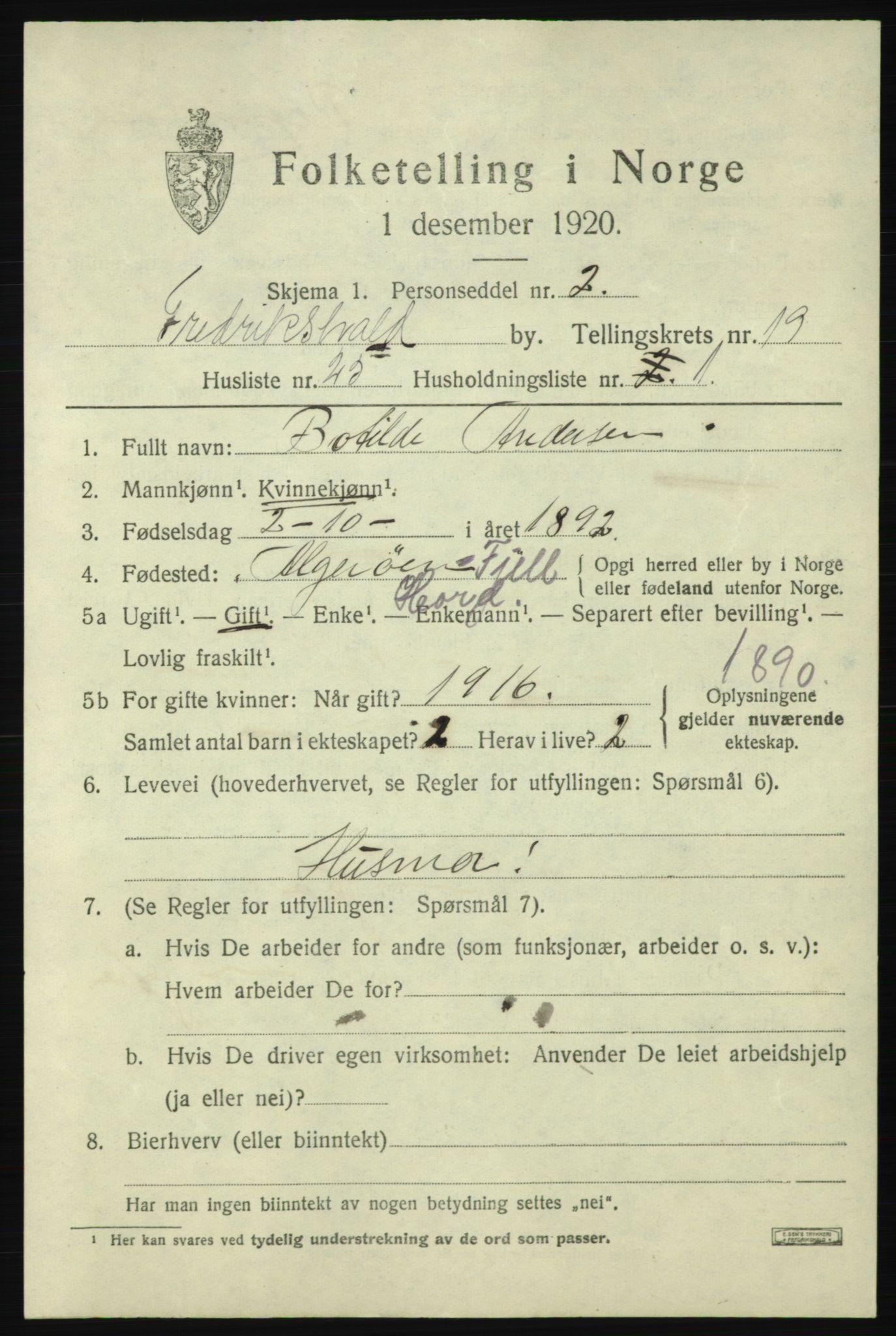SAO, 1920 census for Fredrikshald, 1920, p. 28852