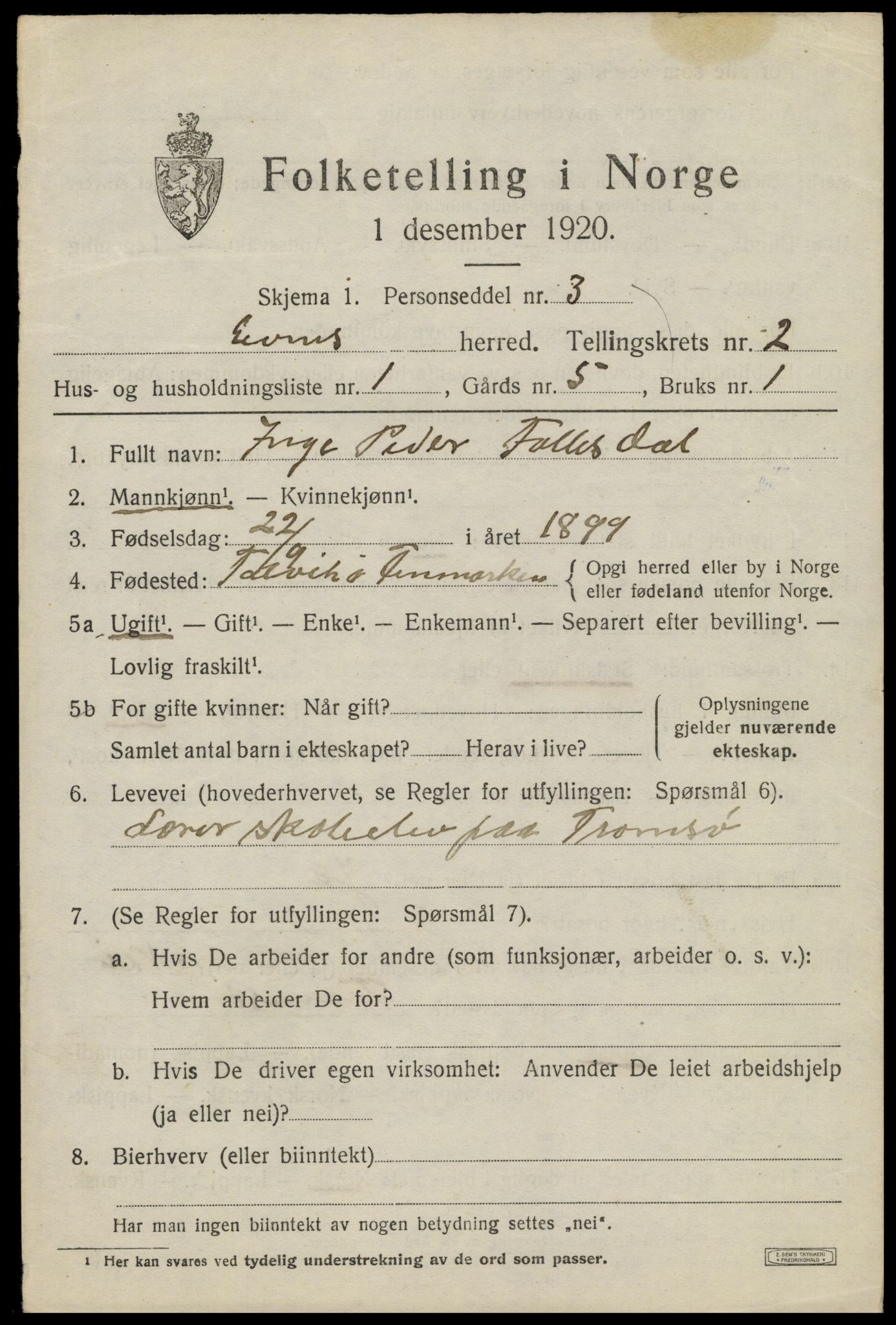 SAT, 1920 census for Evenes, 1920, p. 2418