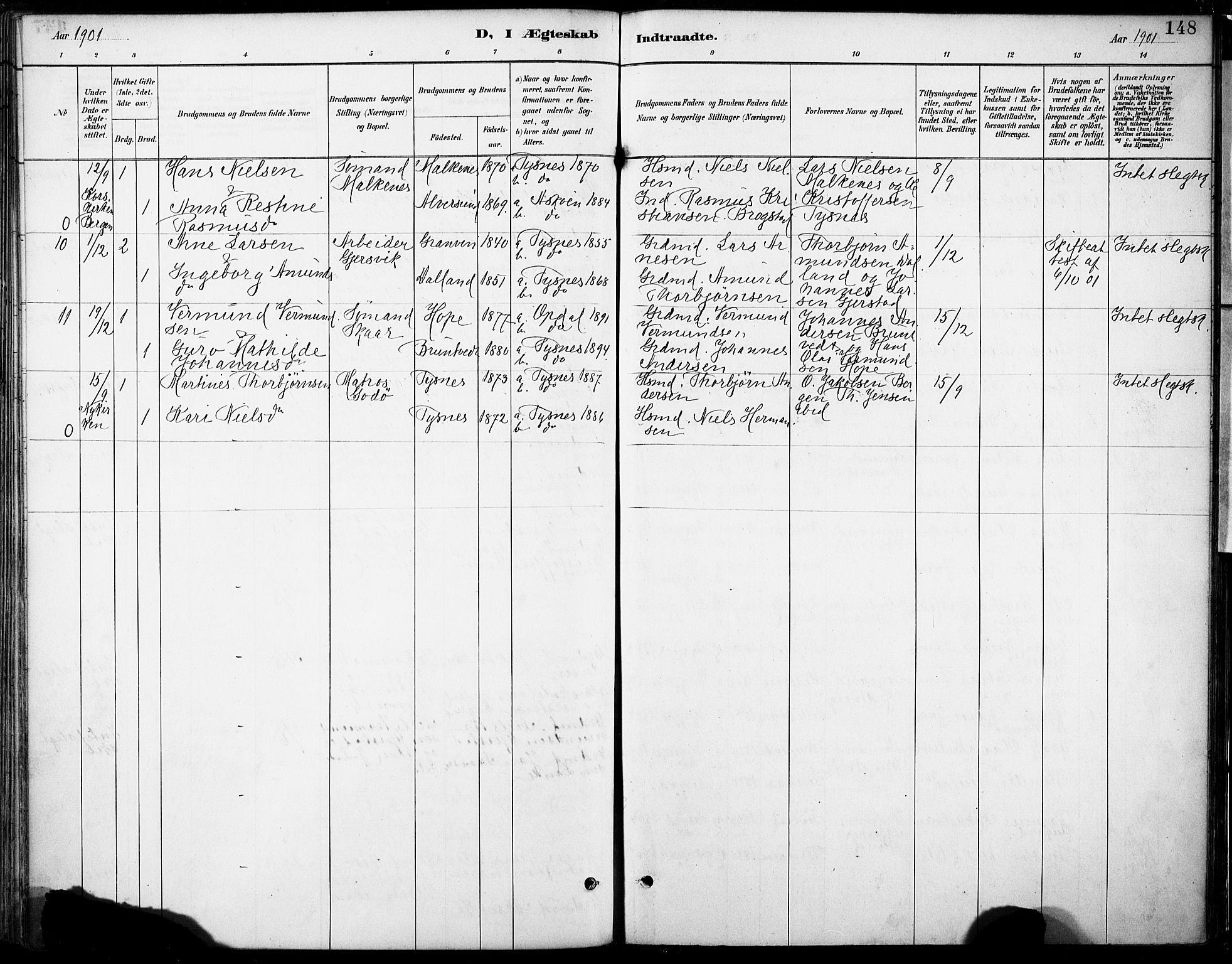 Tysnes sokneprestembete, AV/SAB-A-78601/H/Haa: Parish register (official) no. B 1, 1887-1906, p. 148