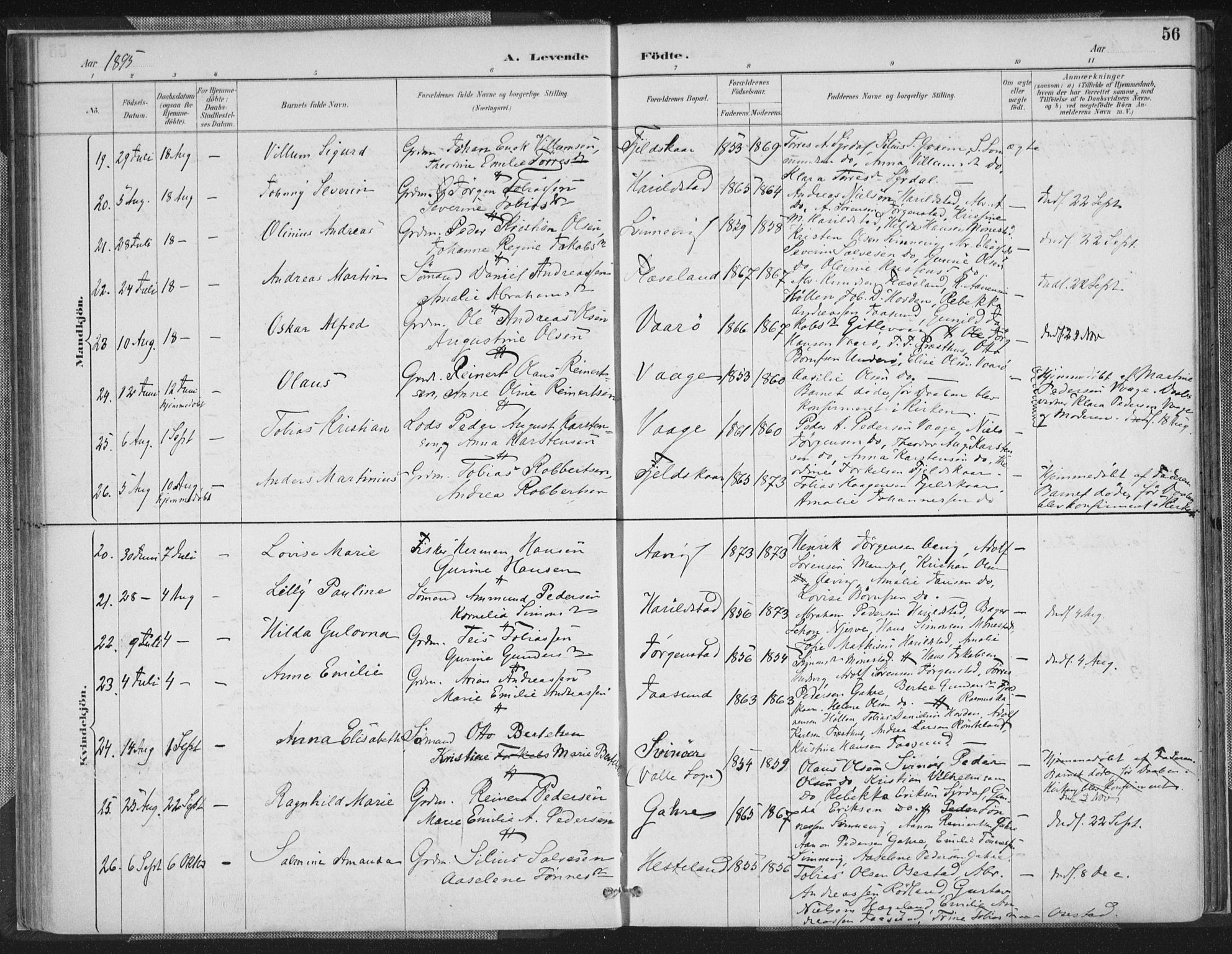 Sør-Audnedal sokneprestkontor, AV/SAK-1111-0039/F/Fa/Faa/L0004: Parish register (official) no. A 4, 1884-1909, p. 56