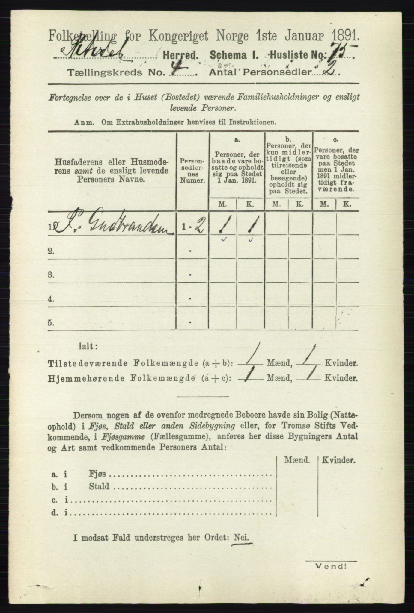 RA, 1891 census for 0233 Nittedal, 1891, p. 1695