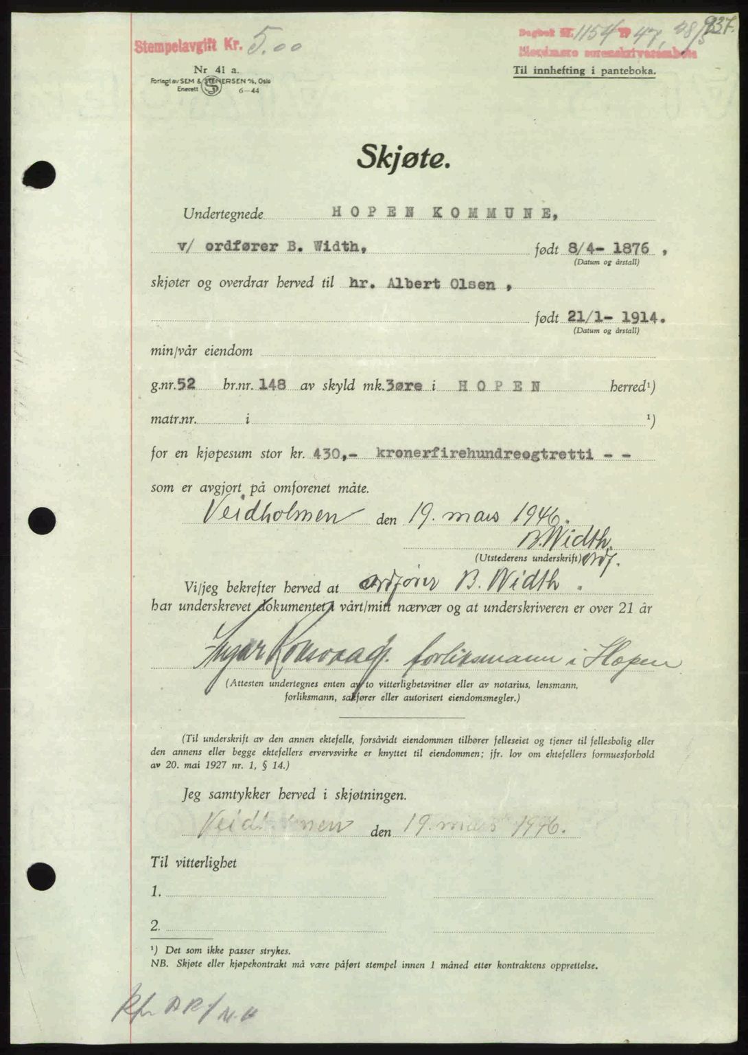 Nordmøre sorenskriveri, AV/SAT-A-4132/1/2/2Ca: Mortgage book no. A104, 1947-1947, Diary no: : 1154/1947