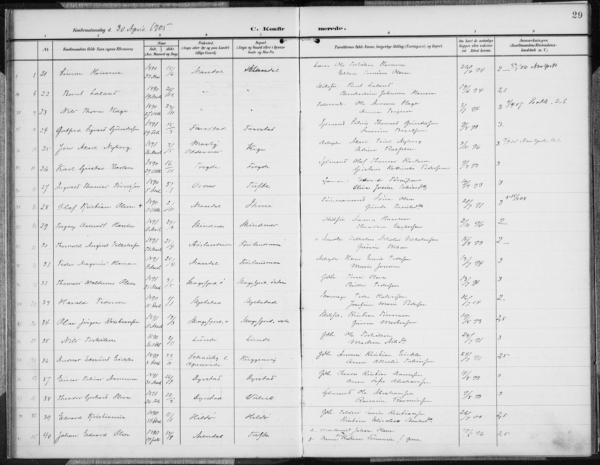 Mandal sokneprestkontor, SAK/1111-0030/F/Fa/Faa/L0019: Parish register (official) no. A 19, 1902-1912, p. 29