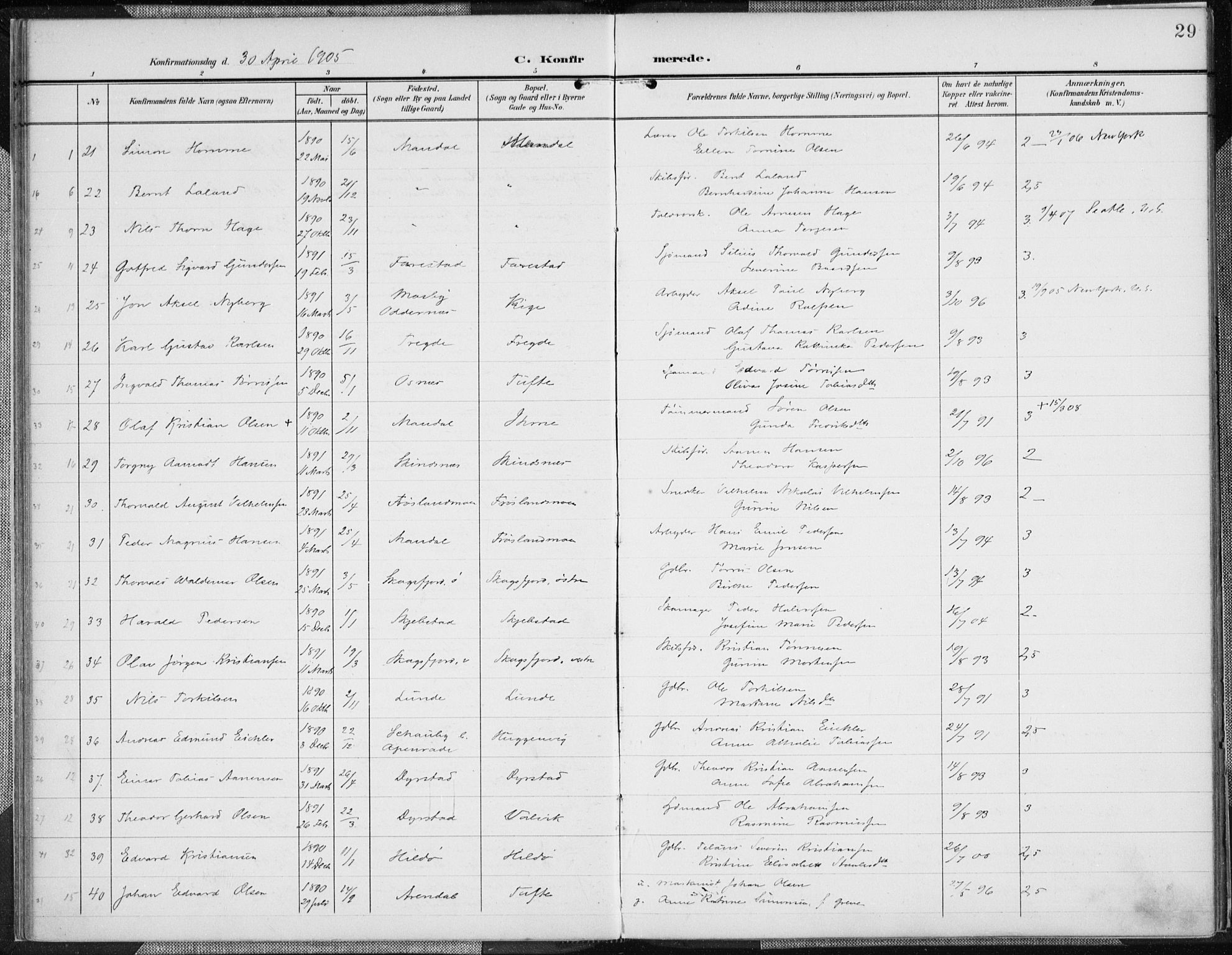 Mandal sokneprestkontor, AV/SAK-1111-0030/F/Fa/Faa/L0019: Parish register (official) no. A 19, 1902-1912, p. 29