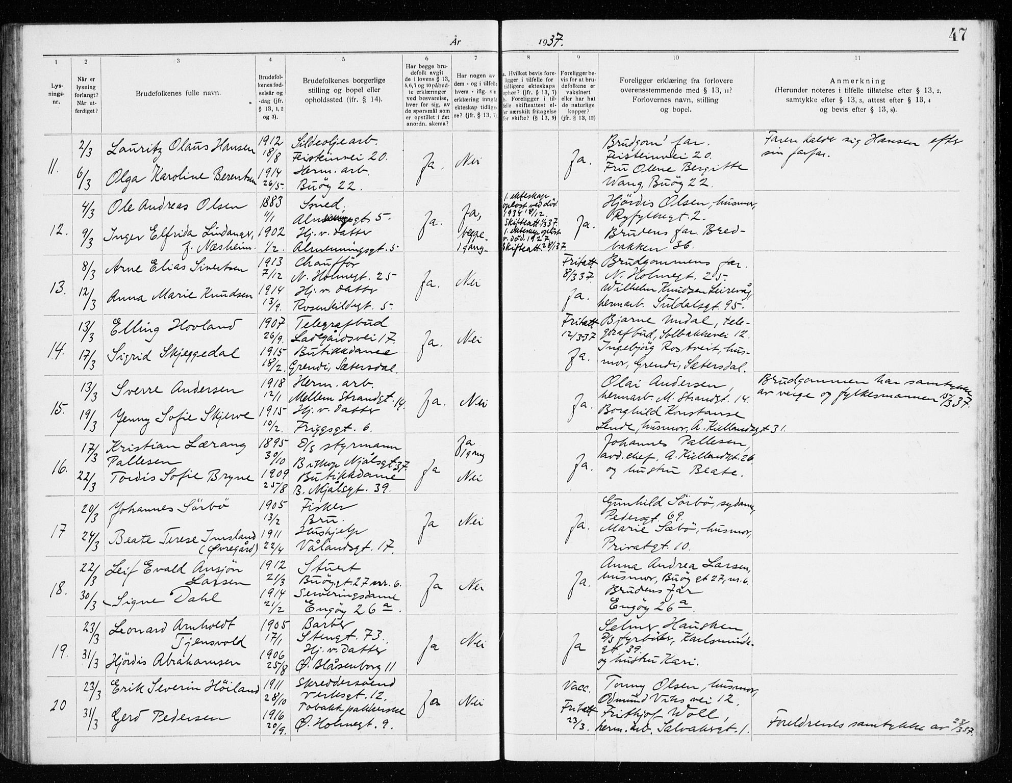 St. Petri sokneprestkontor, AV/SAST-A-101813/001/70/705BA/L0008: Banns register no. 705.BA.8, 1932-1941, p. 47