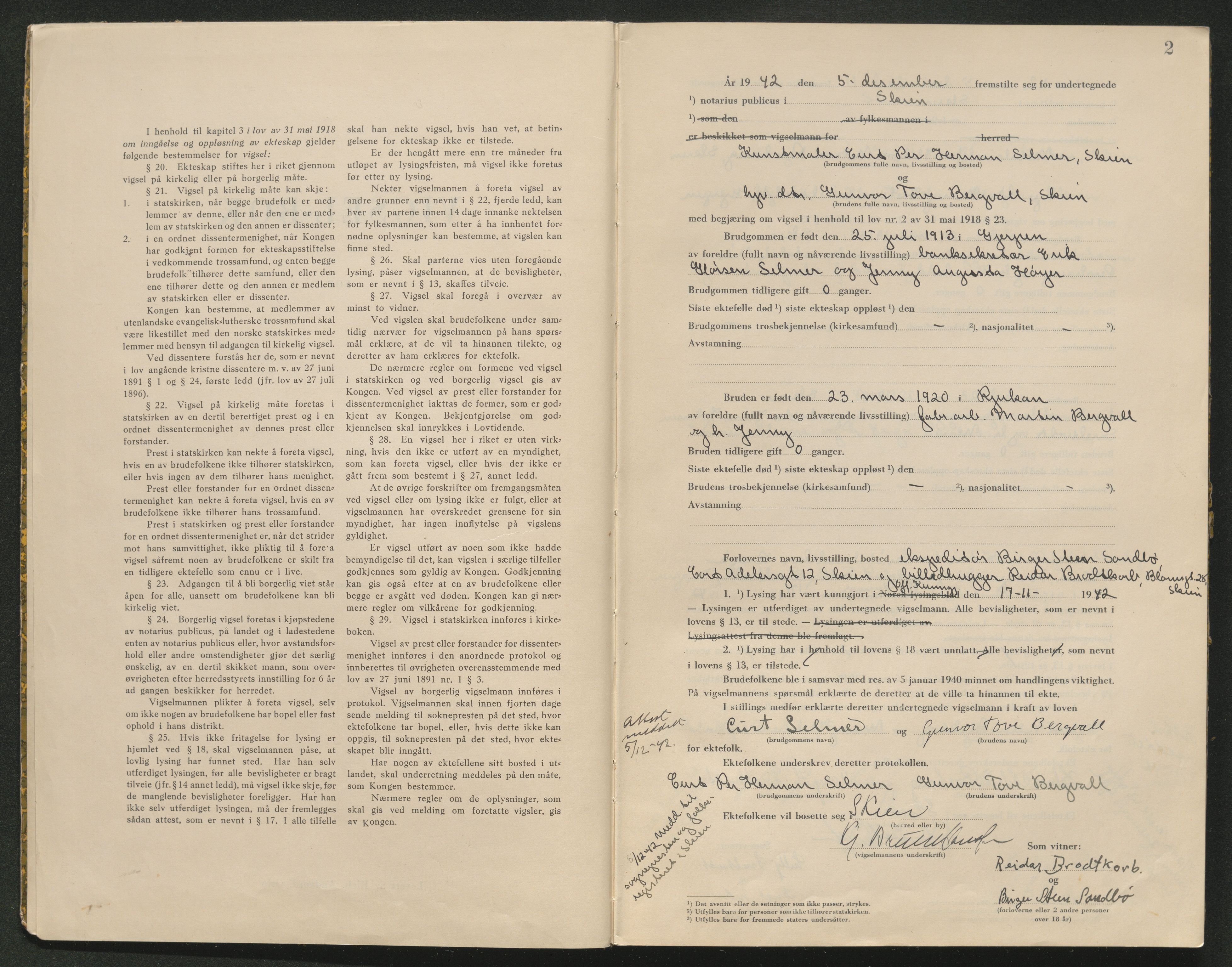 Skien sorenskriveri, AV/SAKO-A-225/L/La/L0001: Vigselsprotokoll, 1920-1947, p. 2