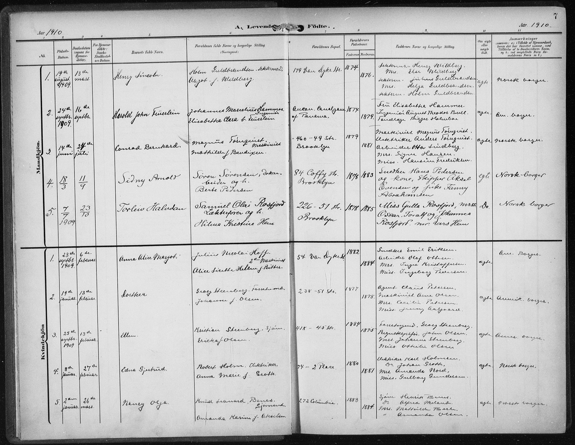 Den norske sjømannsmisjon i utlandet/New York, AV/SAB-SAB/PA-0110/H/Ha/L0006: Parish register (official) no. A 6, 1909-1914, p. 7