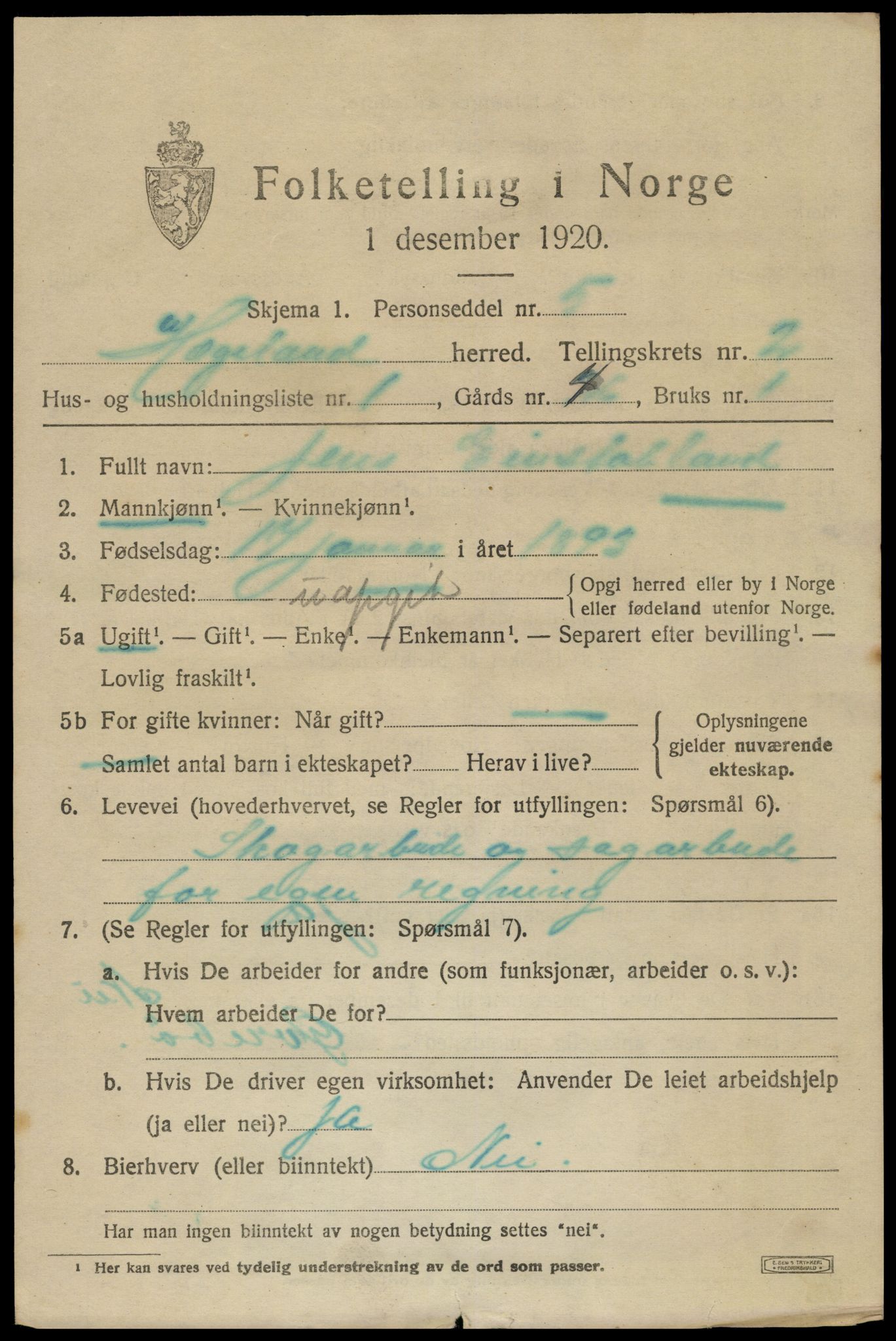 SAK, 1920 census for Hægeland, 1920, p. 619