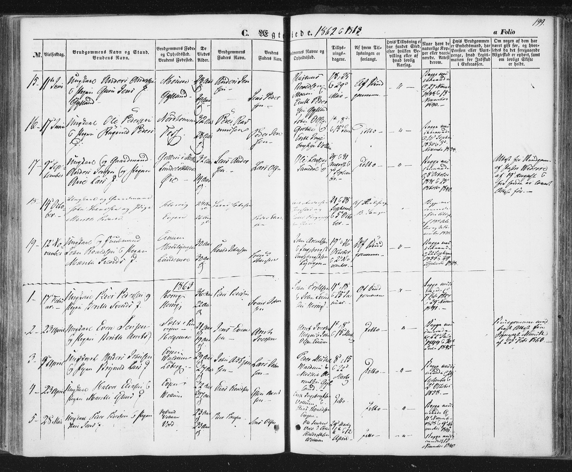 Ministerialprotokoller, klokkerbøker og fødselsregistre - Sør-Trøndelag, SAT/A-1456/692/L1103: Parish register (official) no. 692A03, 1849-1870, p. 199