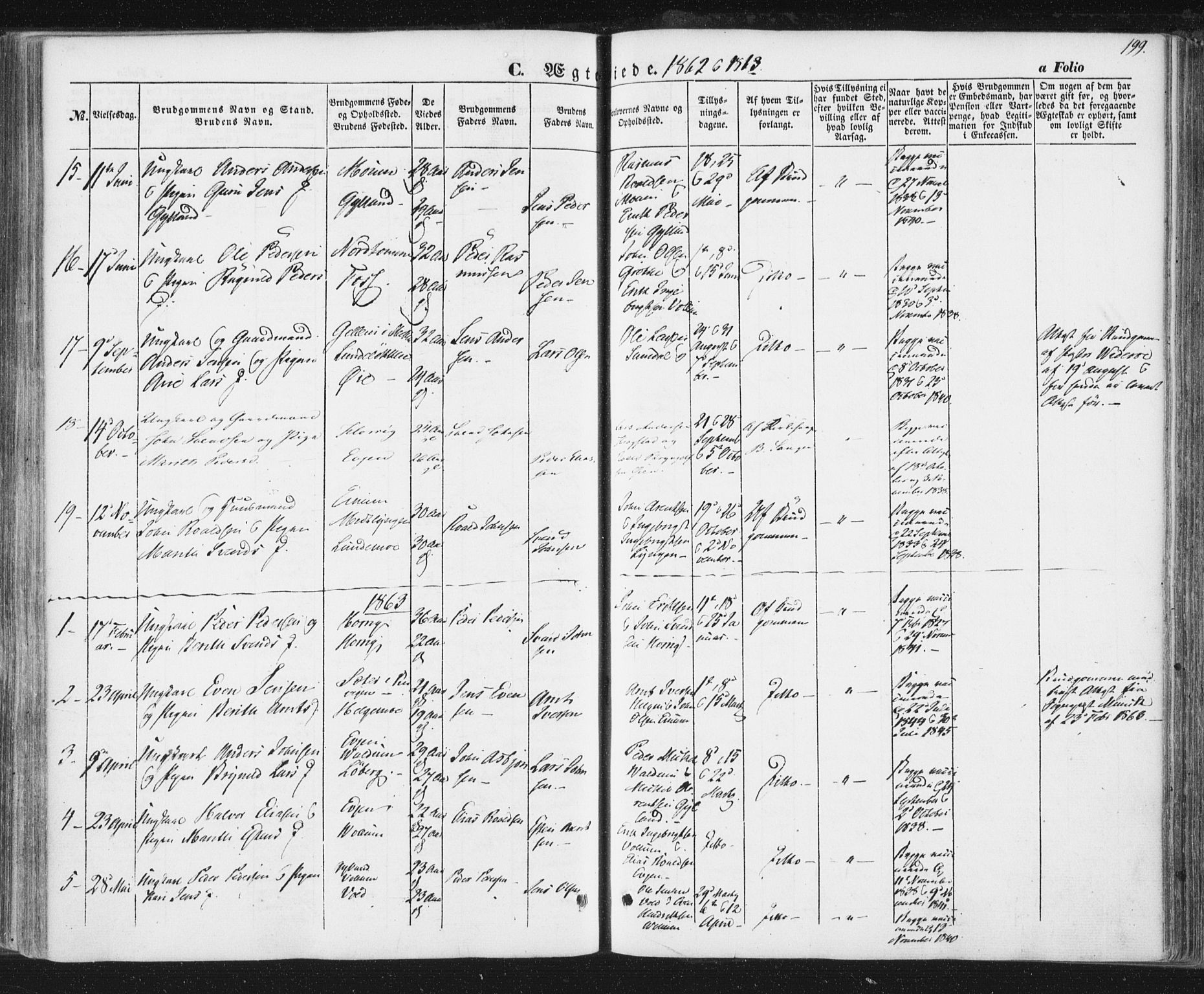 Ministerialprotokoller, klokkerbøker og fødselsregistre - Sør-Trøndelag, AV/SAT-A-1456/692/L1103: Parish register (official) no. 692A03, 1849-1870, p. 199