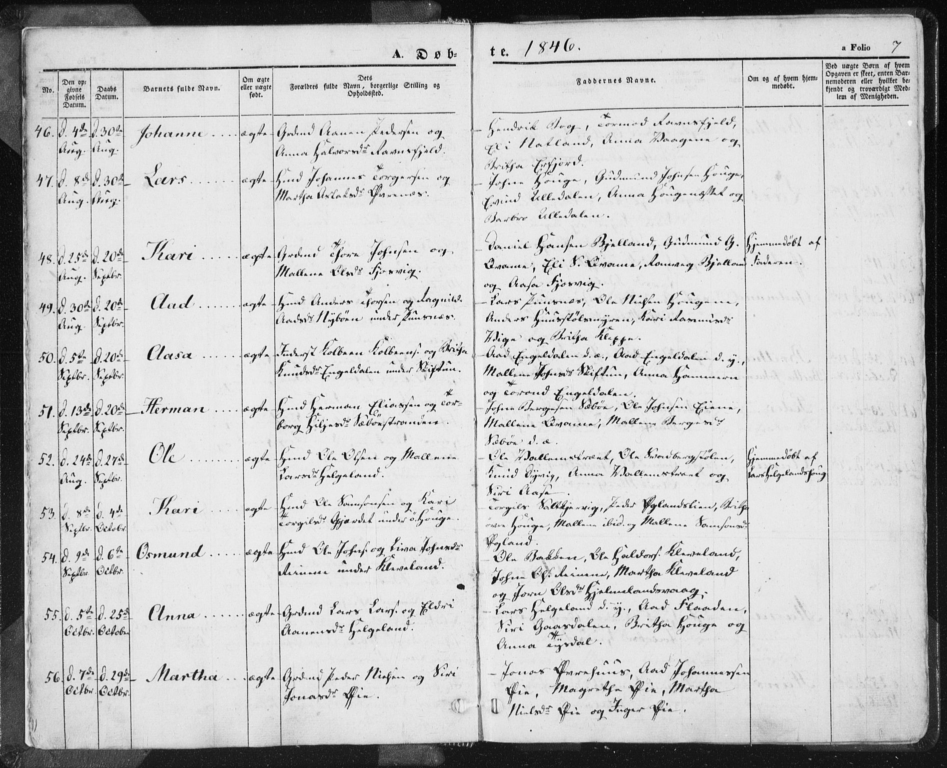 Hjelmeland sokneprestkontor, AV/SAST-A-101843/01/IV/L0009: Parish register (official) no. A 9, 1846-1860, p. 7