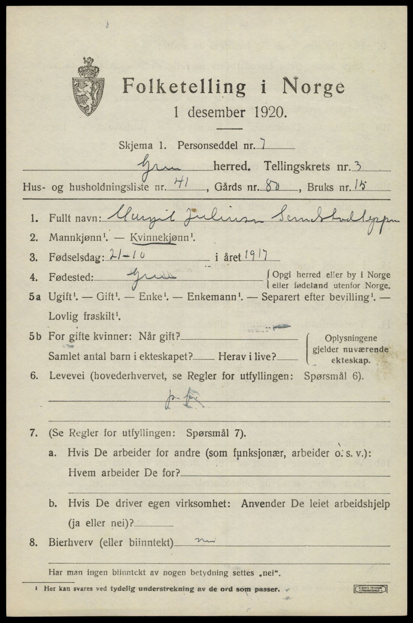 SAH, 1920 census for Grue, 1920, p. 4193