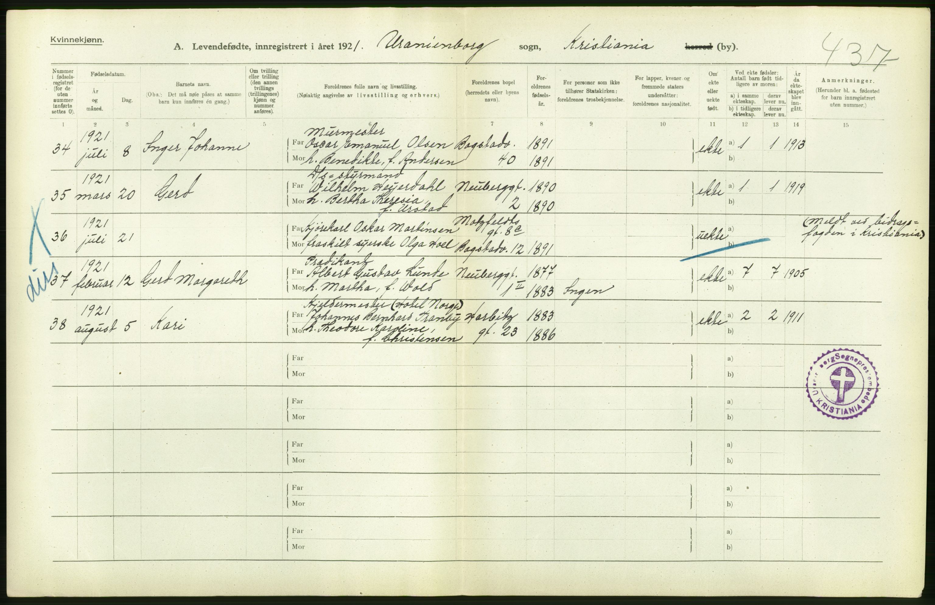 Statistisk sentralbyrå, Sosiodemografiske emner, Befolkning, AV/RA-S-2228/D/Df/Dfc/Dfca/L0010: Kristiania: Levendefødte menn og kvinner., 1921, p. 138