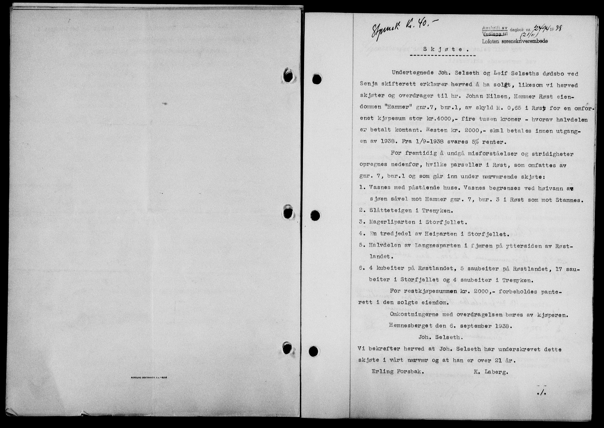 Lofoten sorenskriveri, SAT/A-0017/1/2/2C/L0004a: Mortgage book no. 4a, 1938-1938, Diary no: : 2494/1938