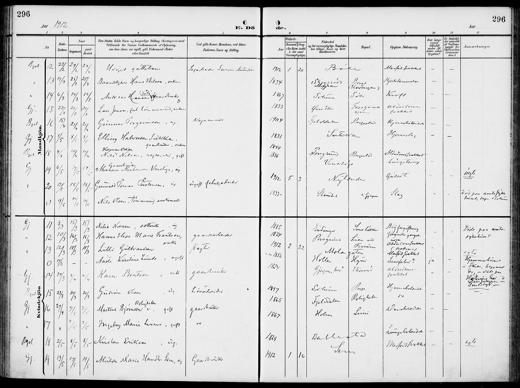 Gjerpen kirkebøker, SAKO/A-265/F/Fa/L0012: Parish register (official) no. I 12, 1905-1913, p. 296