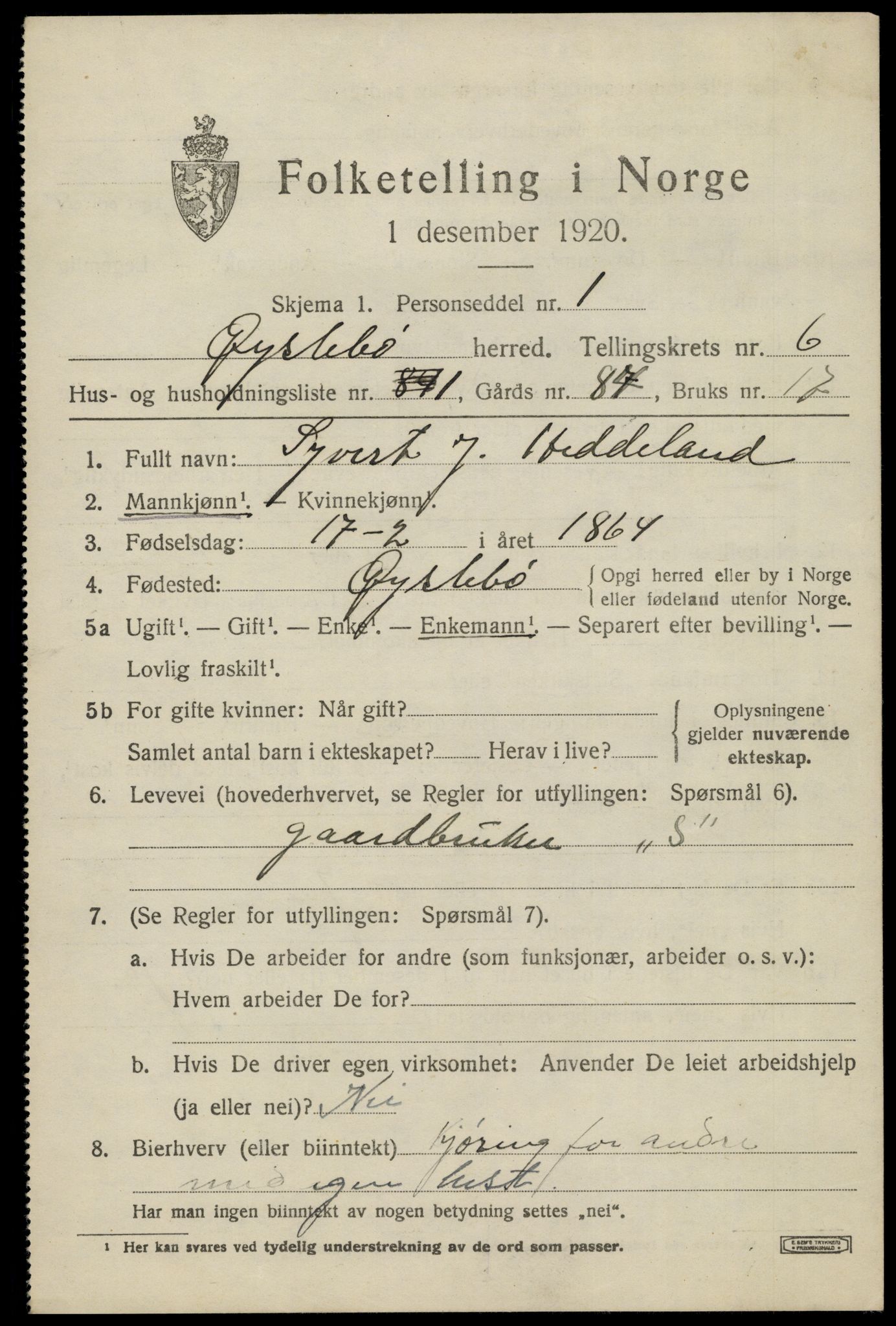 SAK, 1920 census for Øyslebø, 1920, p. 1884