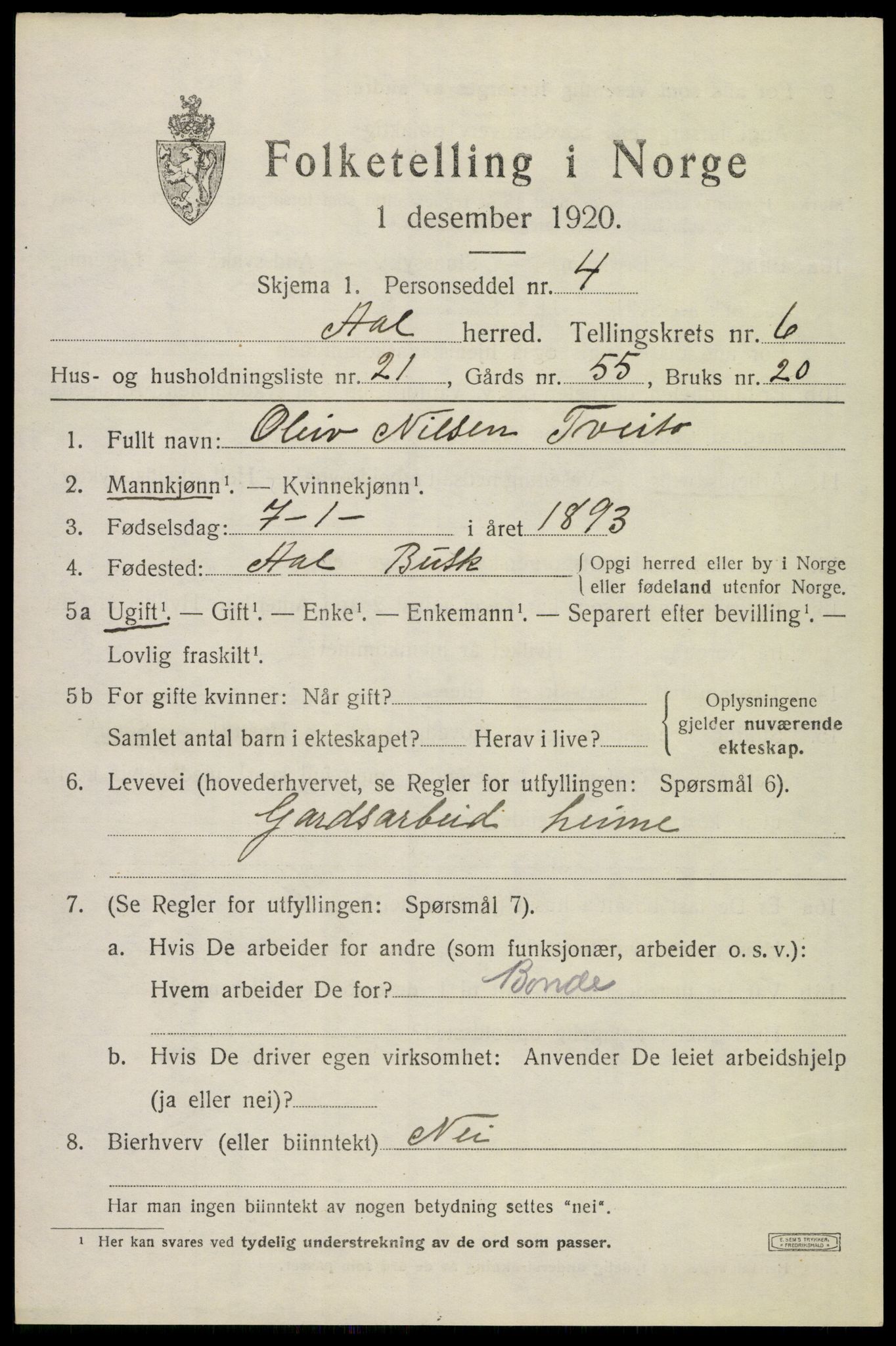 SAKO, 1920 census for Ål, 1920, p. 4574