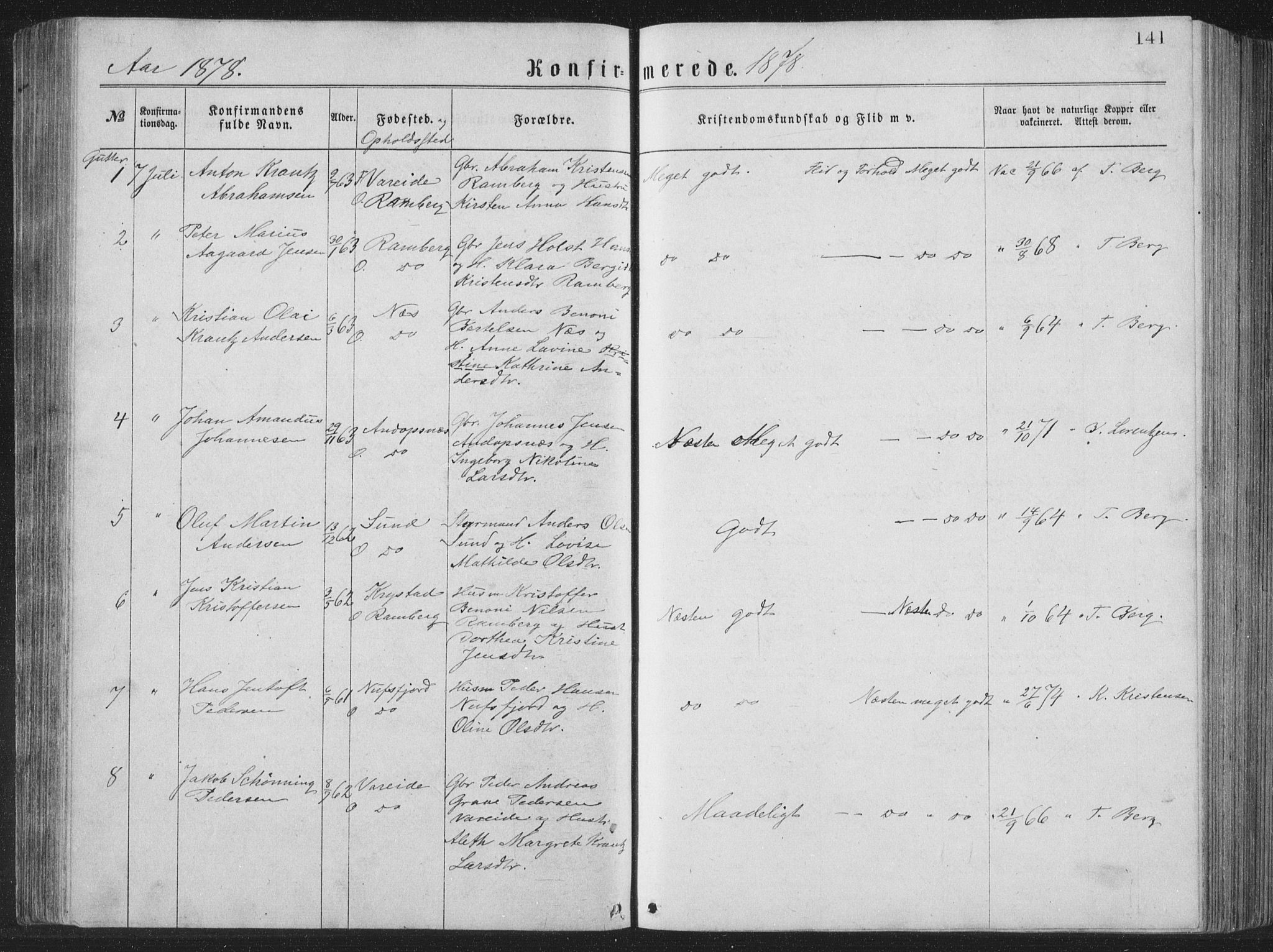 Ministerialprotokoller, klokkerbøker og fødselsregistre - Nordland, AV/SAT-A-1459/885/L1213: Parish register (copy) no. 885C02, 1874-1892, p. 141