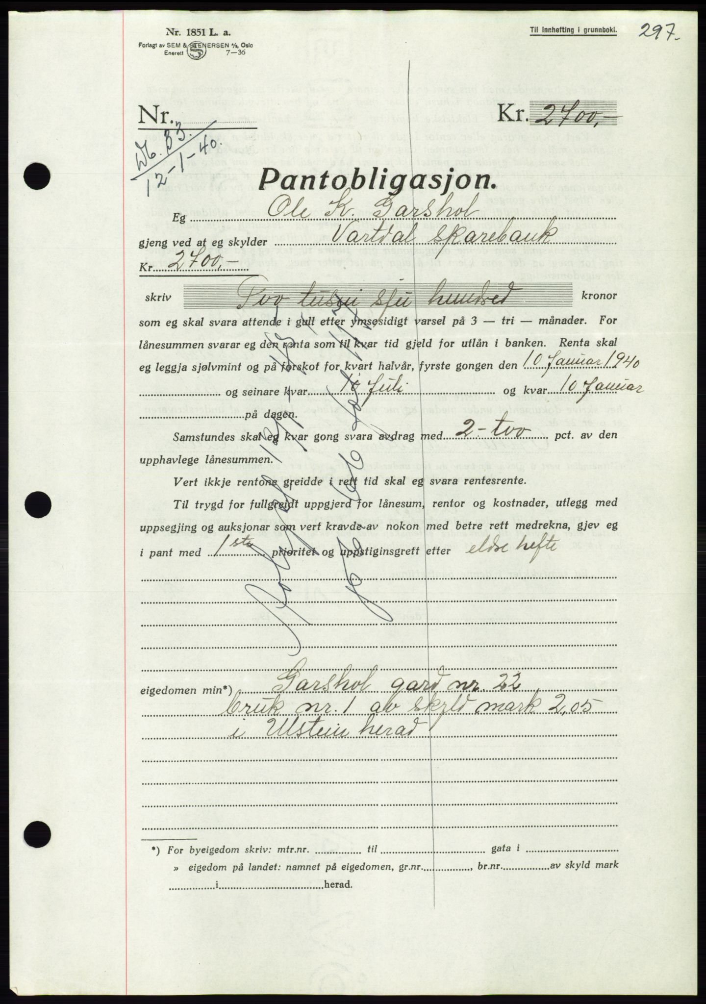 Søre Sunnmøre sorenskriveri, AV/SAT-A-4122/1/2/2C/L0069: Mortgage book no. 63, 1939-1940, Diary no: : 33/1940