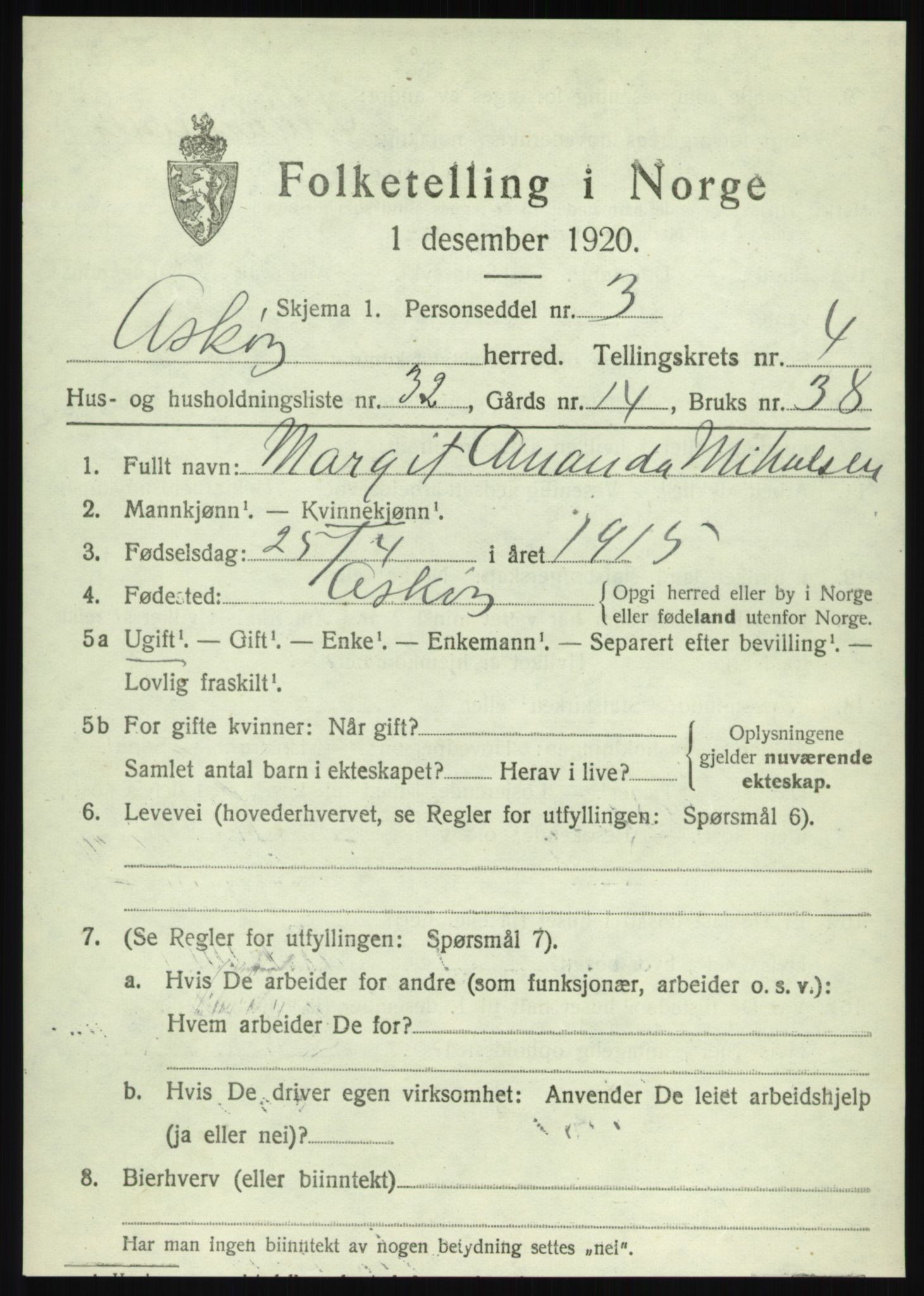 SAB, 1920 census for Askøy, 1920, p. 8016